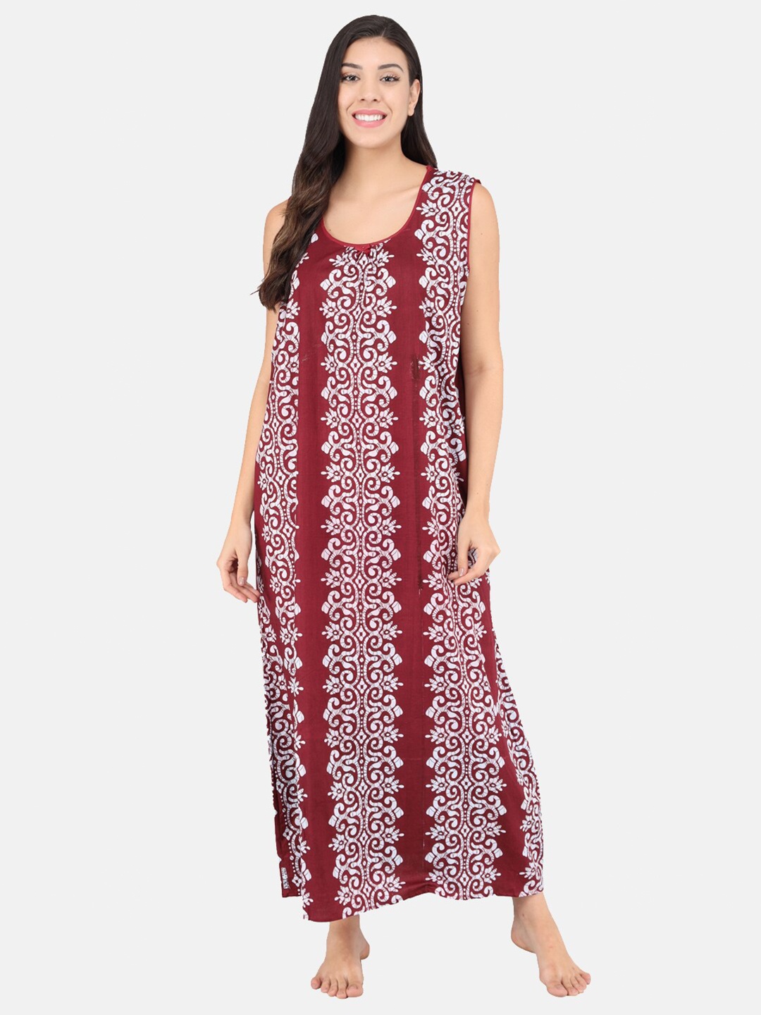 

Shararat Women Maroon Printed Cotton Maxi Nightdress