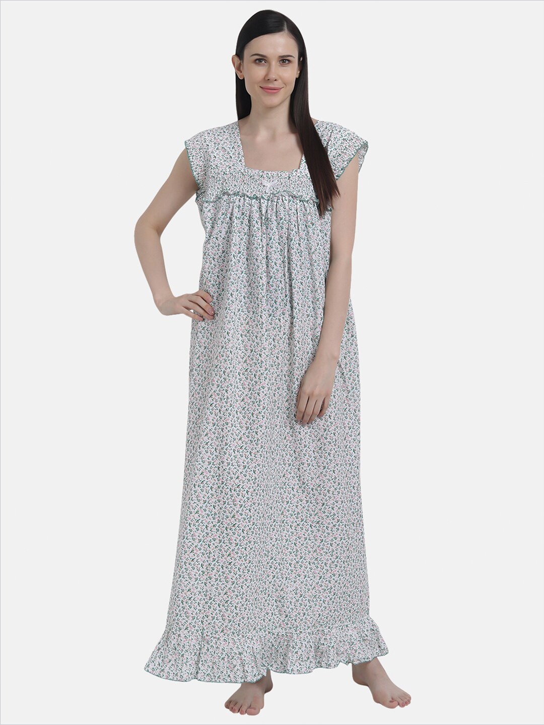 

Shararat Women Green & White Printed Cotton Maxi Nightdress