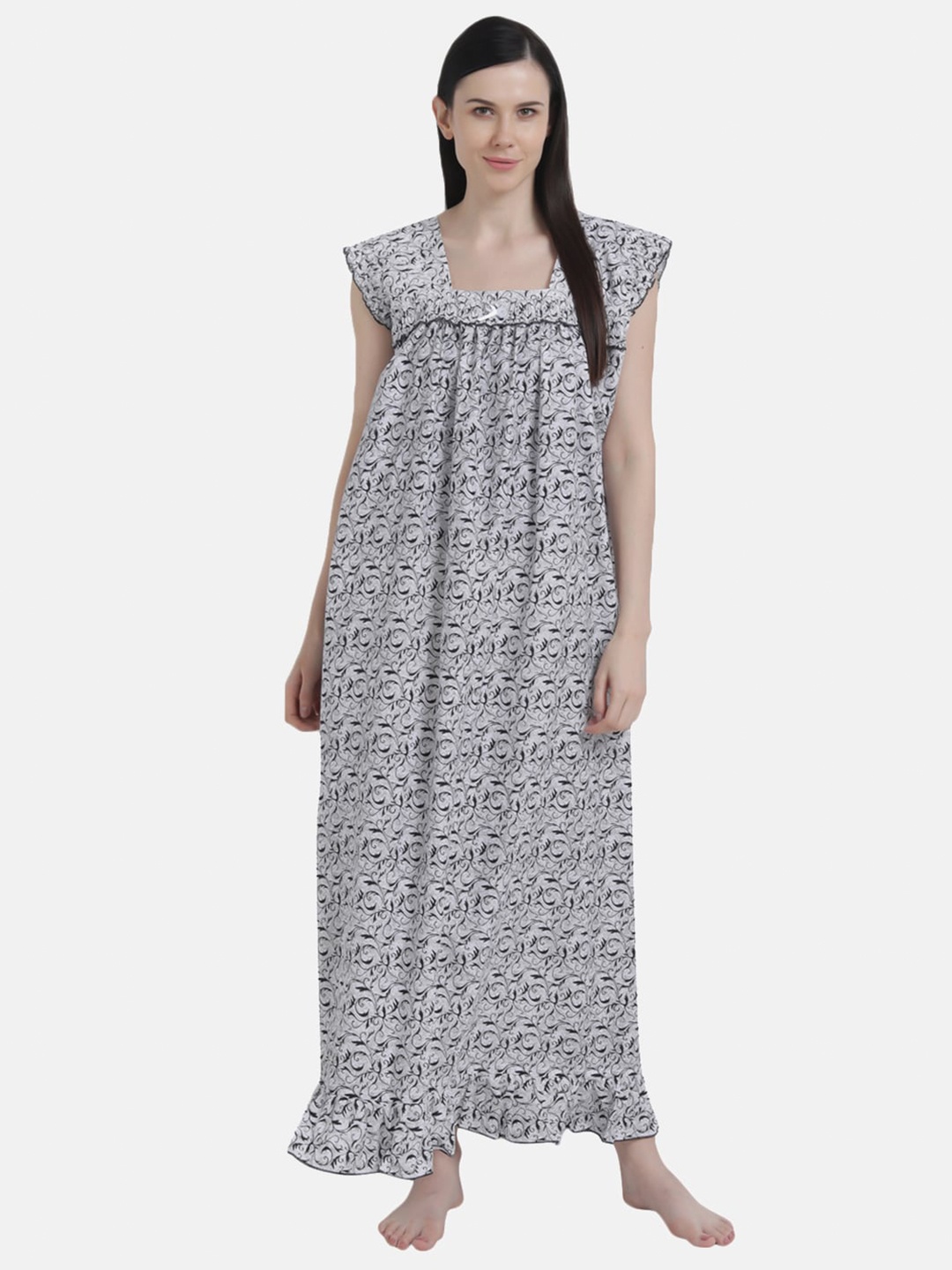 

Shararat Women Black & White Printed Cotton Maxi Nightdress