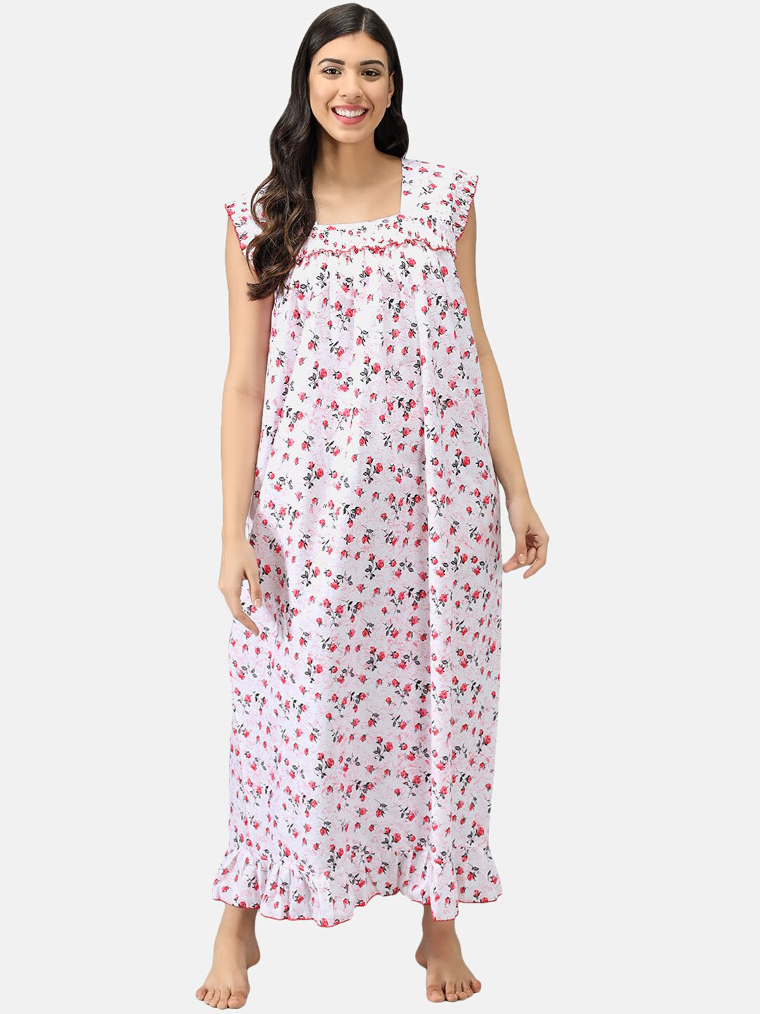 

Shararat Women White & Red Printed Cotton Maxi Nightdress