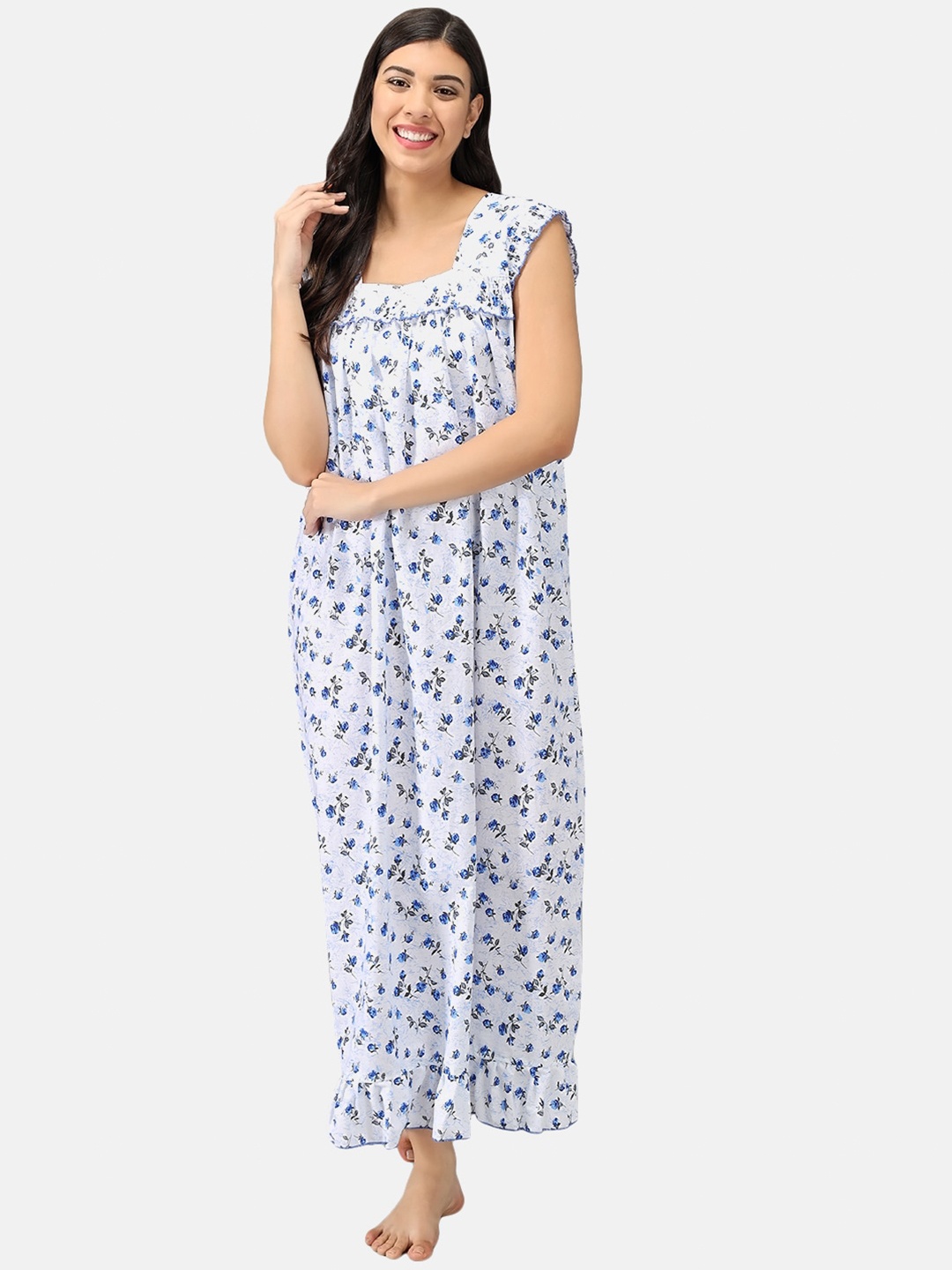 

Shararat Women Blue & White Printed Cotton Maxi Nightdress