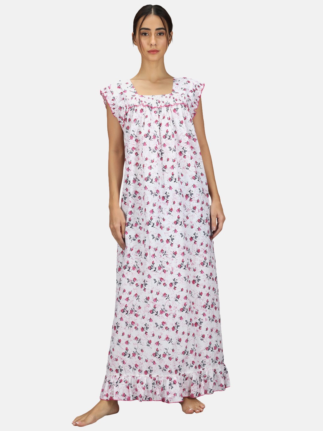 

Shararat Women White & Pink Printed Cotton Maxi Nightdress