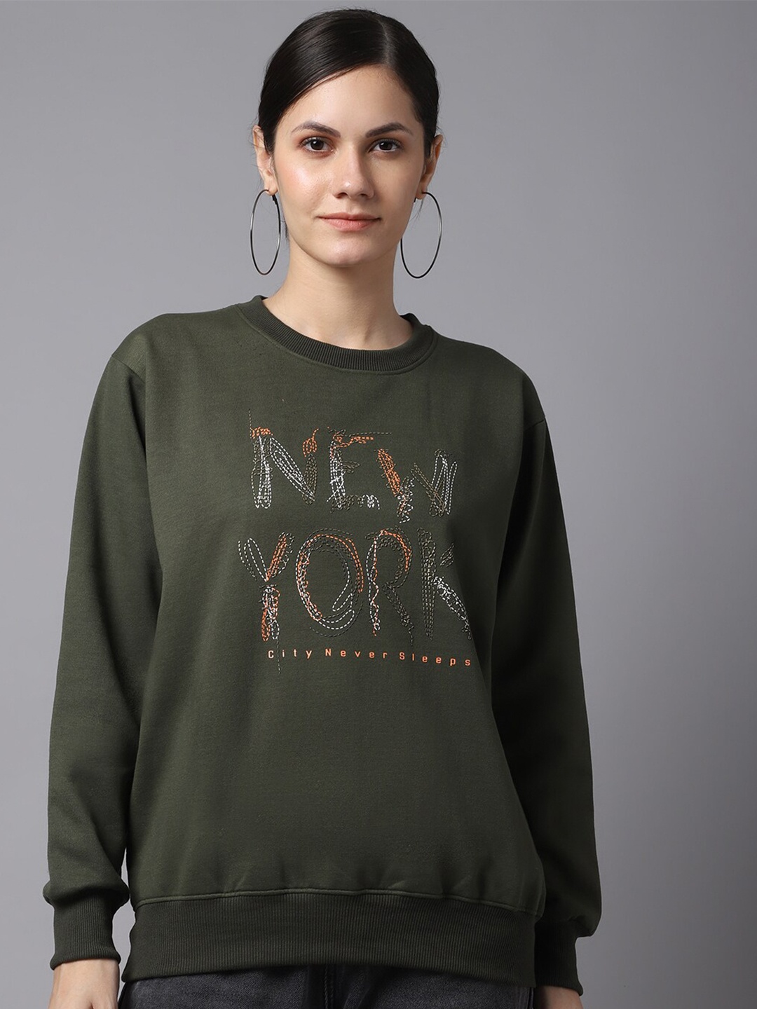 

MACK JONNEY Women Olive Green Embroidered Cotton Sweatshirt