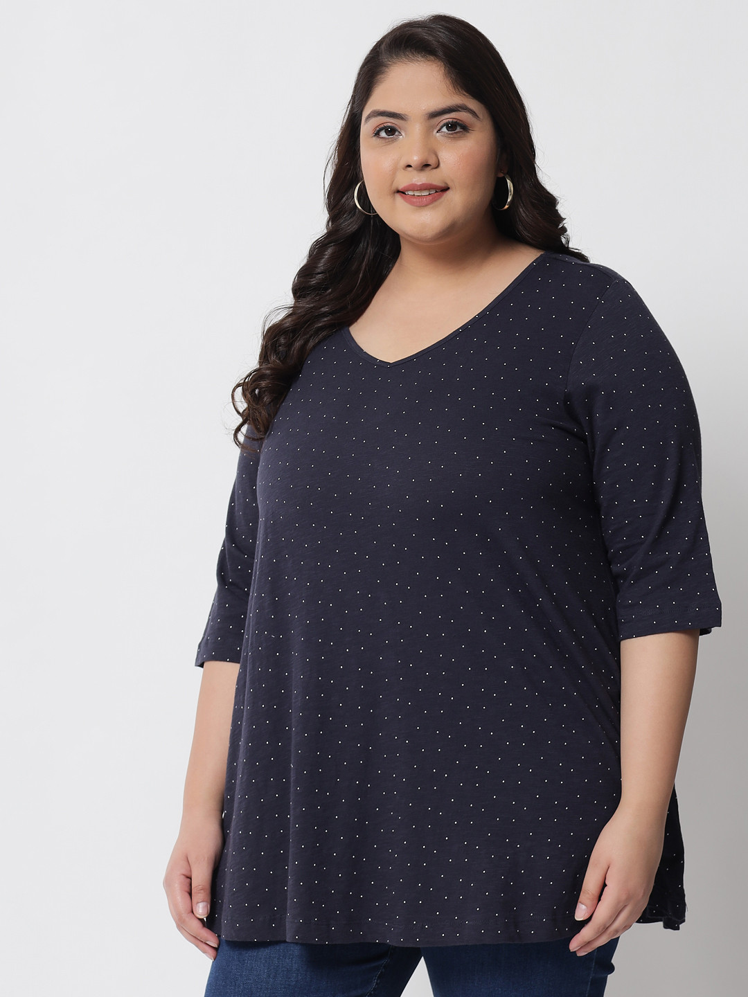 

Amydus Women Plus Size Navy Blue Print Empire Longline Top