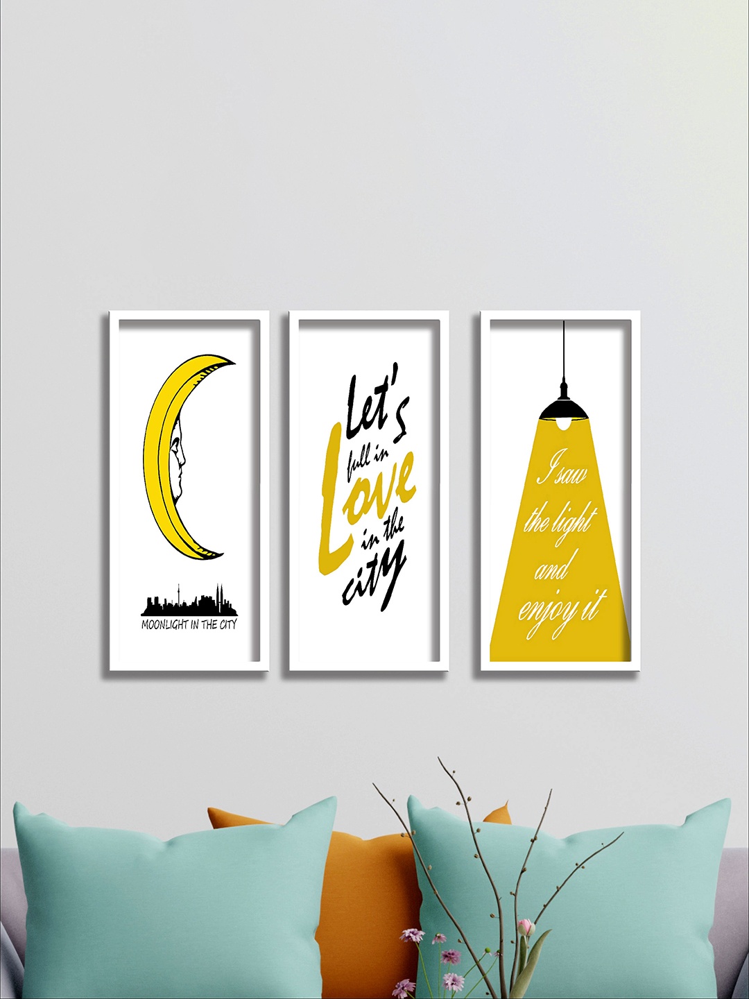 

SAF Set Of 3 Yellow & White Modern Art UV Textured Painting Wall Art