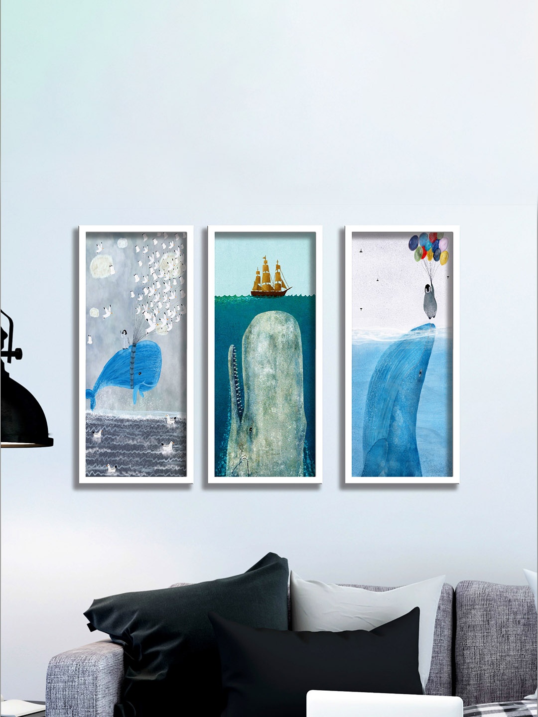 

SAF Set Of 3 Blue & White UV Textured Dolphin Painting Wall Art