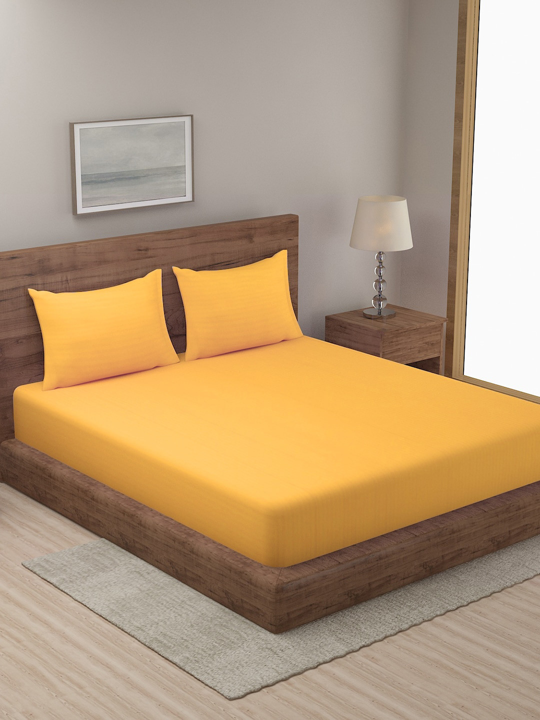 

SOKNACK Yellow Striped 300 TC King Bedsheet with 2 Pillow Covers