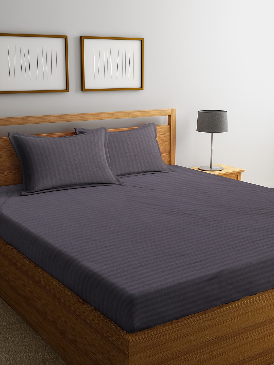 

SOKNACK Grey Striped 300 TC King Bedsheet with 2 Pillow Covers