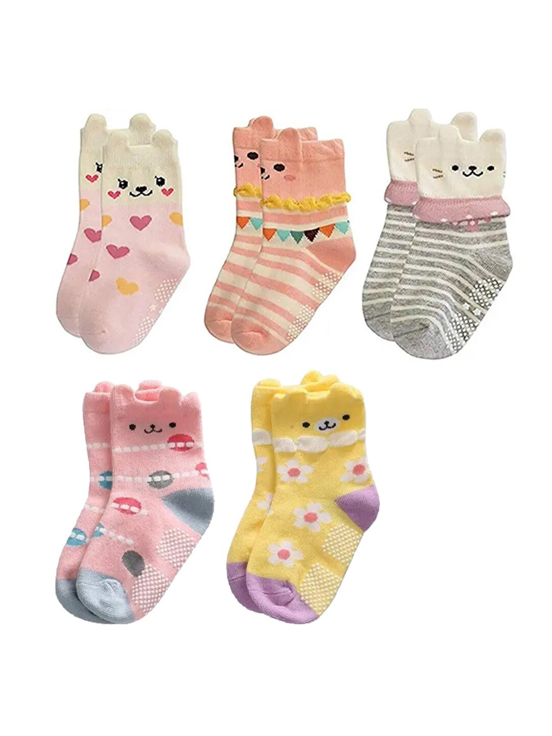 

FOOTPRINT 5 Pairs Infant Kids Unisex Multi-Colored Ankle-Length Assorted Antiskid Cotton Socks, Orange