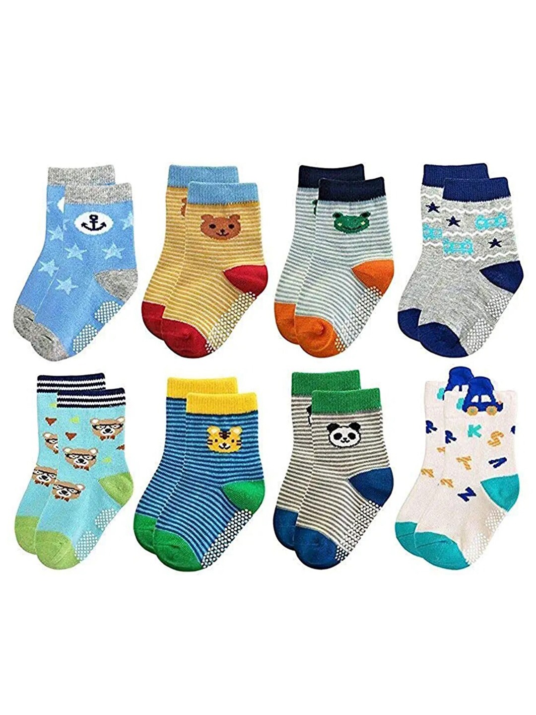 

FOOTPRINT 8 Pairs Infant Kids Unisex Multi-Colored Ankle-Length Assorted Antiskid Cotton Socks, Yellow