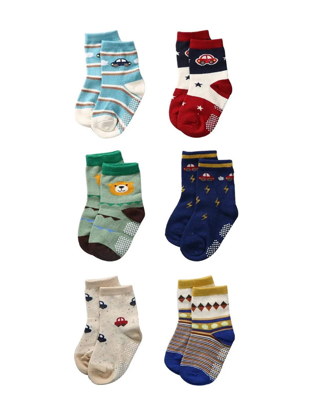 

FOOTPRINT 6 Pairs Infant Kids Unisex Multi-Colored Ankle-Length Assorted Antiskid Cotton Socks, Blue