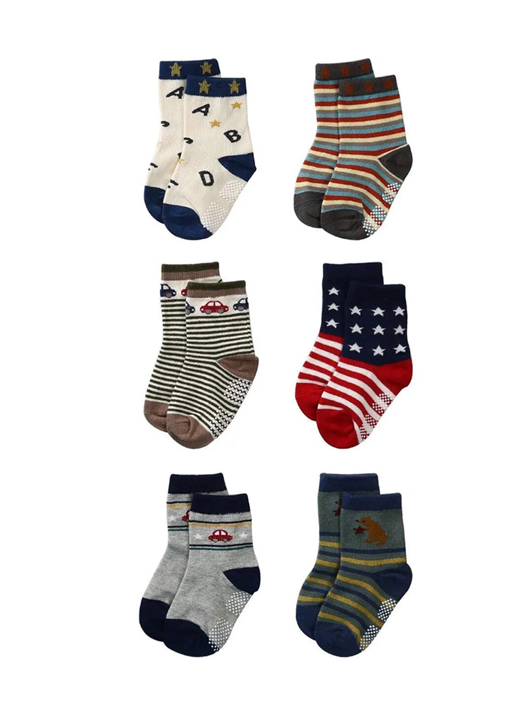 

FOOTPRINT 6 Pairs Infant Kids Unisex Multi-Colored Ankle-Length Assorted Antiskid Cotton Socks