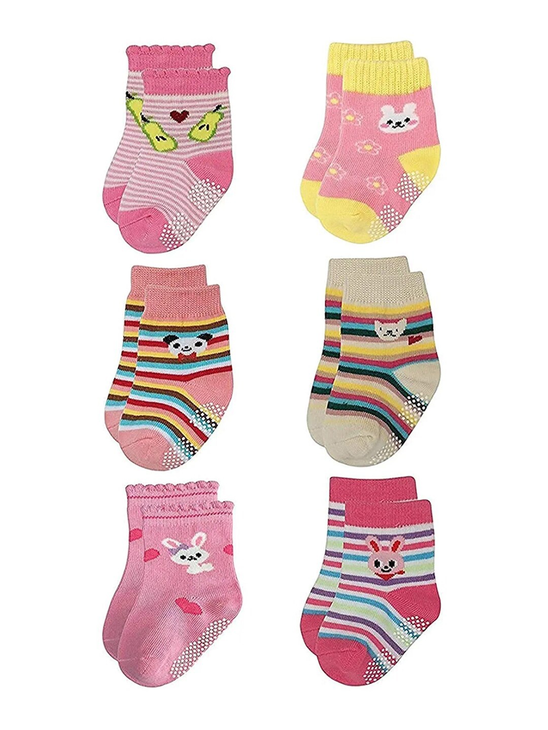 

FOOTPRINT 6 Pairs Infant Kids Unisex Multi-Colored Ankle-Length Assorted Antiskid Cotton Socks, Pink