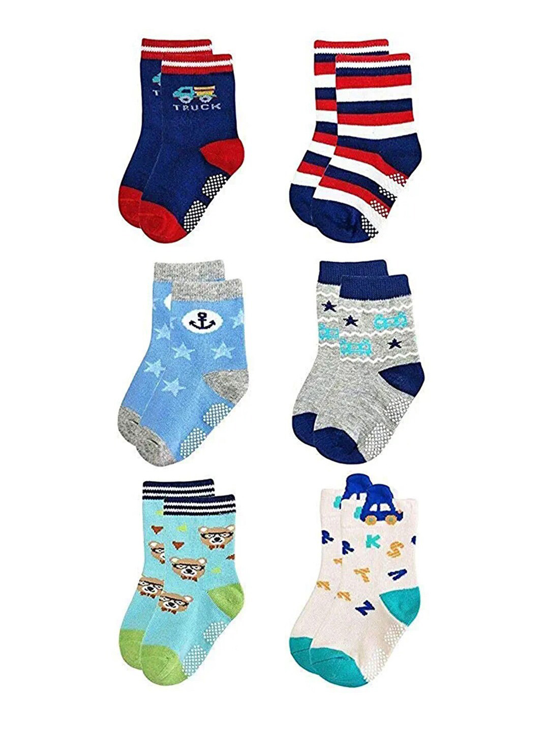 

FOOTPRINT 6 Pairs Infant Kids Unisex Multi-Colored Ankle-Length Assorted Antiskid Cotton Socks, Navy blue