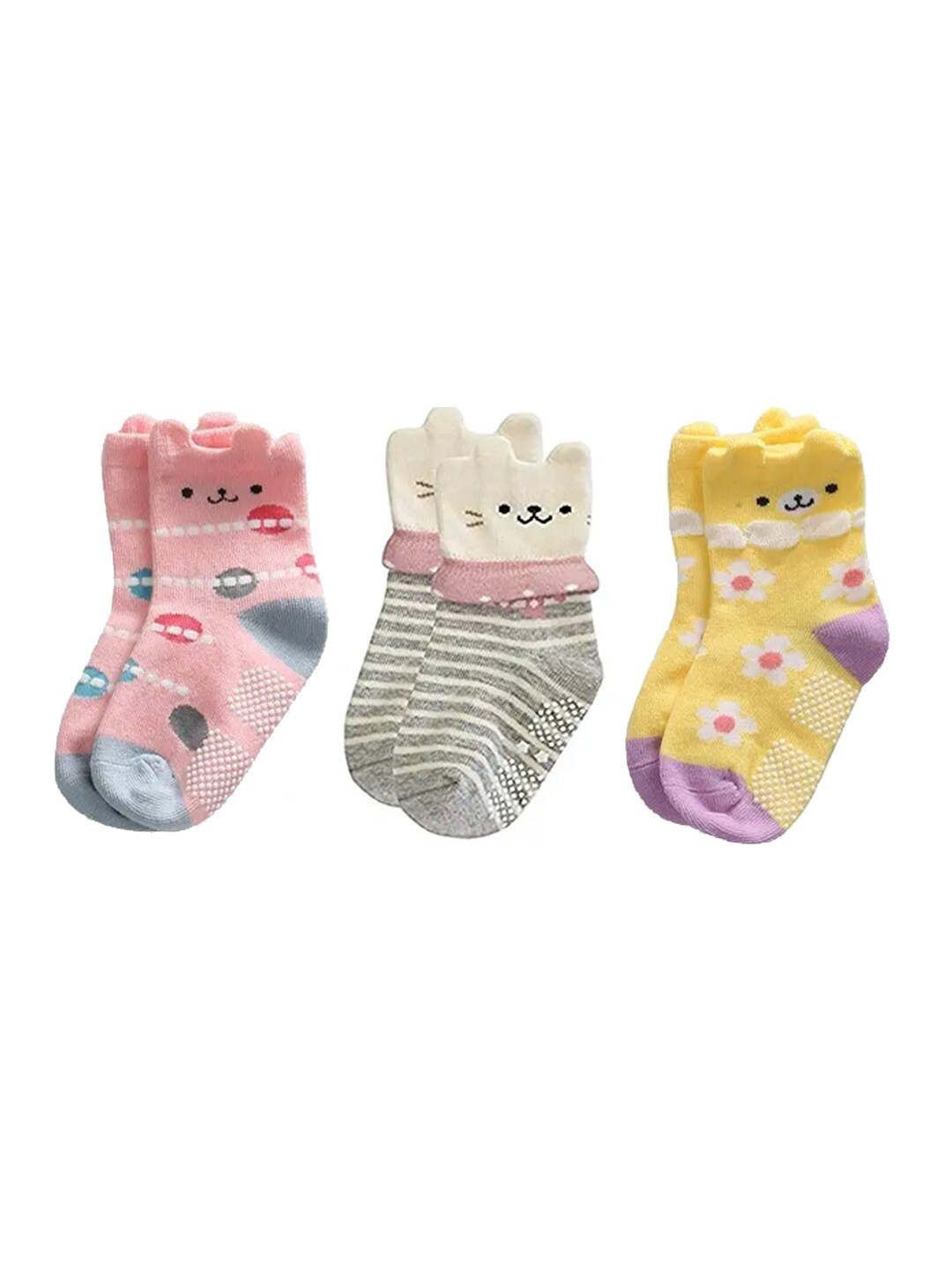 

FOOTPRINT 3 Pairs Infant Kids Unisex Multi-Colored Ankle-Length Assorted Antiskid Cotton Socks, Pink