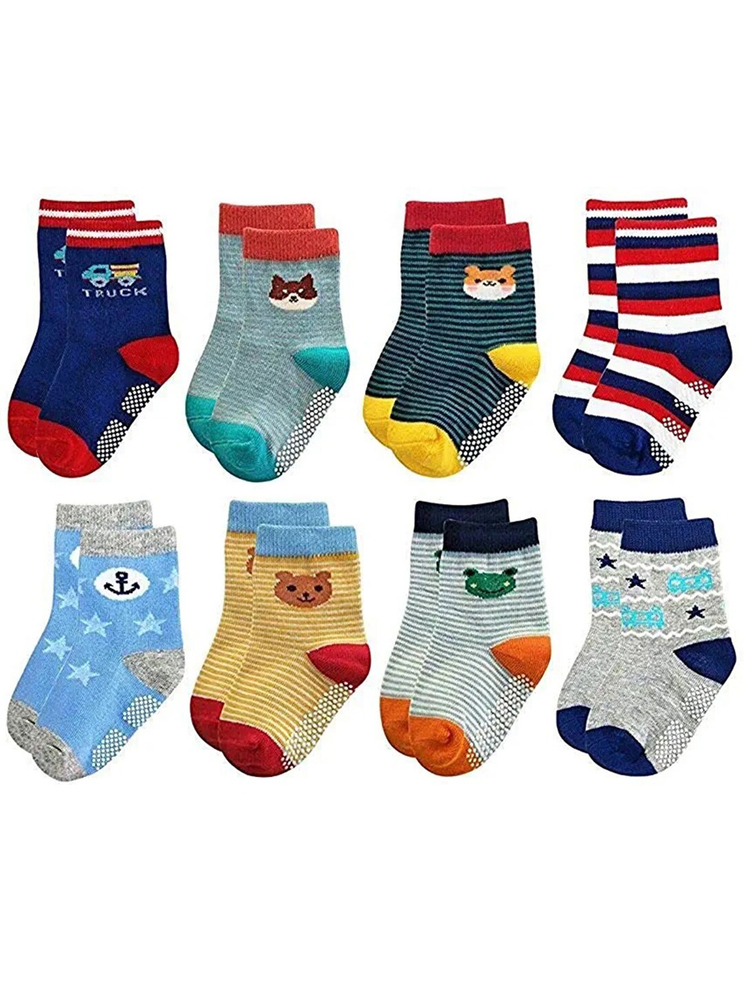 

FOOTPRINT 8 Pairs Infant Kids Unisex Multi-Colored Ankle-Length Assorted Antiskid Cotton Socks, Blue