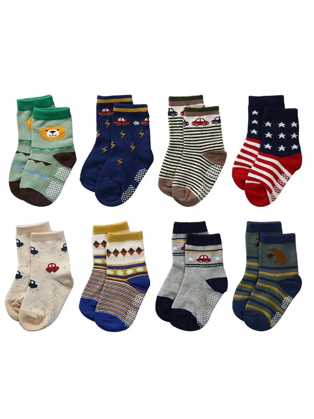 

FOOTPRINT 8 Pairs Infant Kids Unisex Multi-Colored Ankle-Length Assorted Antiskid Cotton Socks, Green