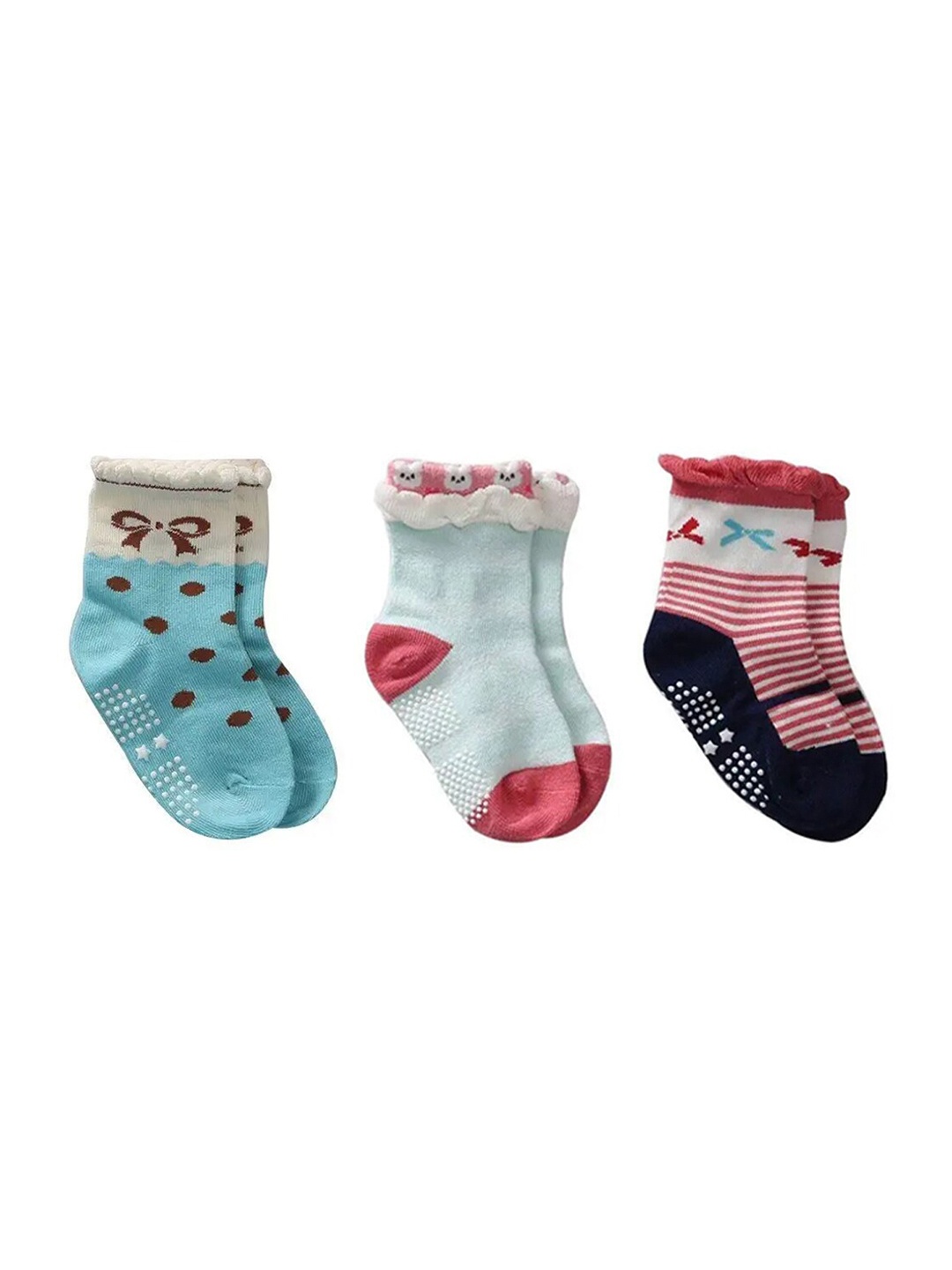 

FOOTPRINT 3 Pairs Infant Kids Unisex Multi-Colored Ankle-Length Assorted Antiskid Cotton Socks, Blue