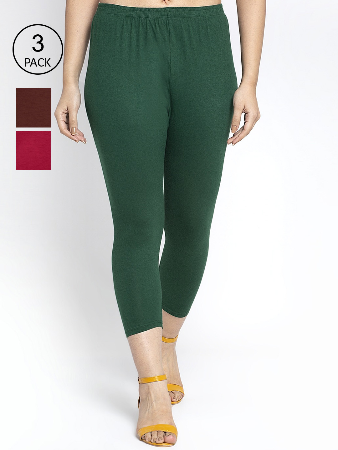 

GRACIT Women Pack of 3 Cotton Lycra Capris, Green
