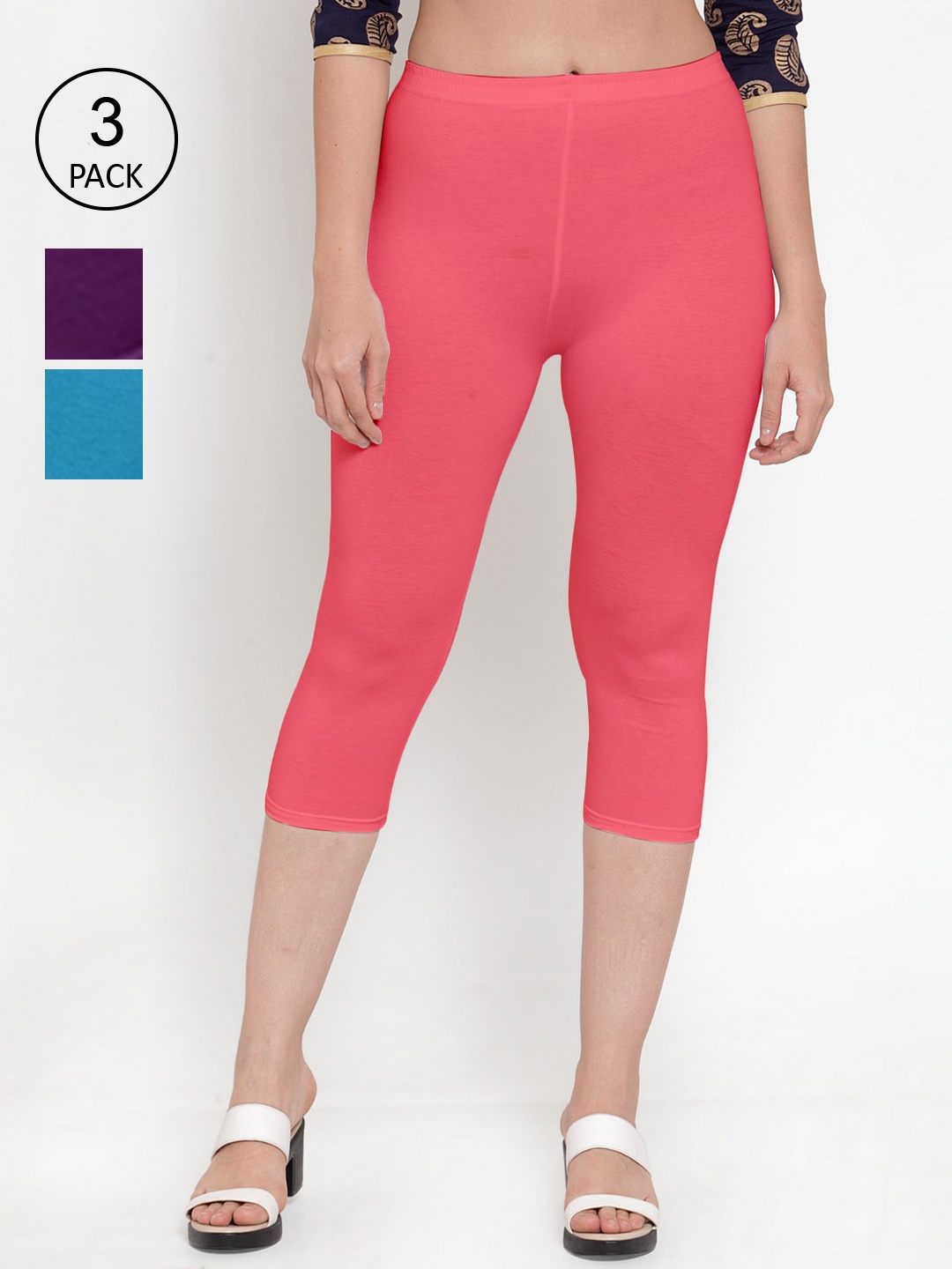 

GRACIT Women Pack of 3 Cotton Lycra Capris, Pink