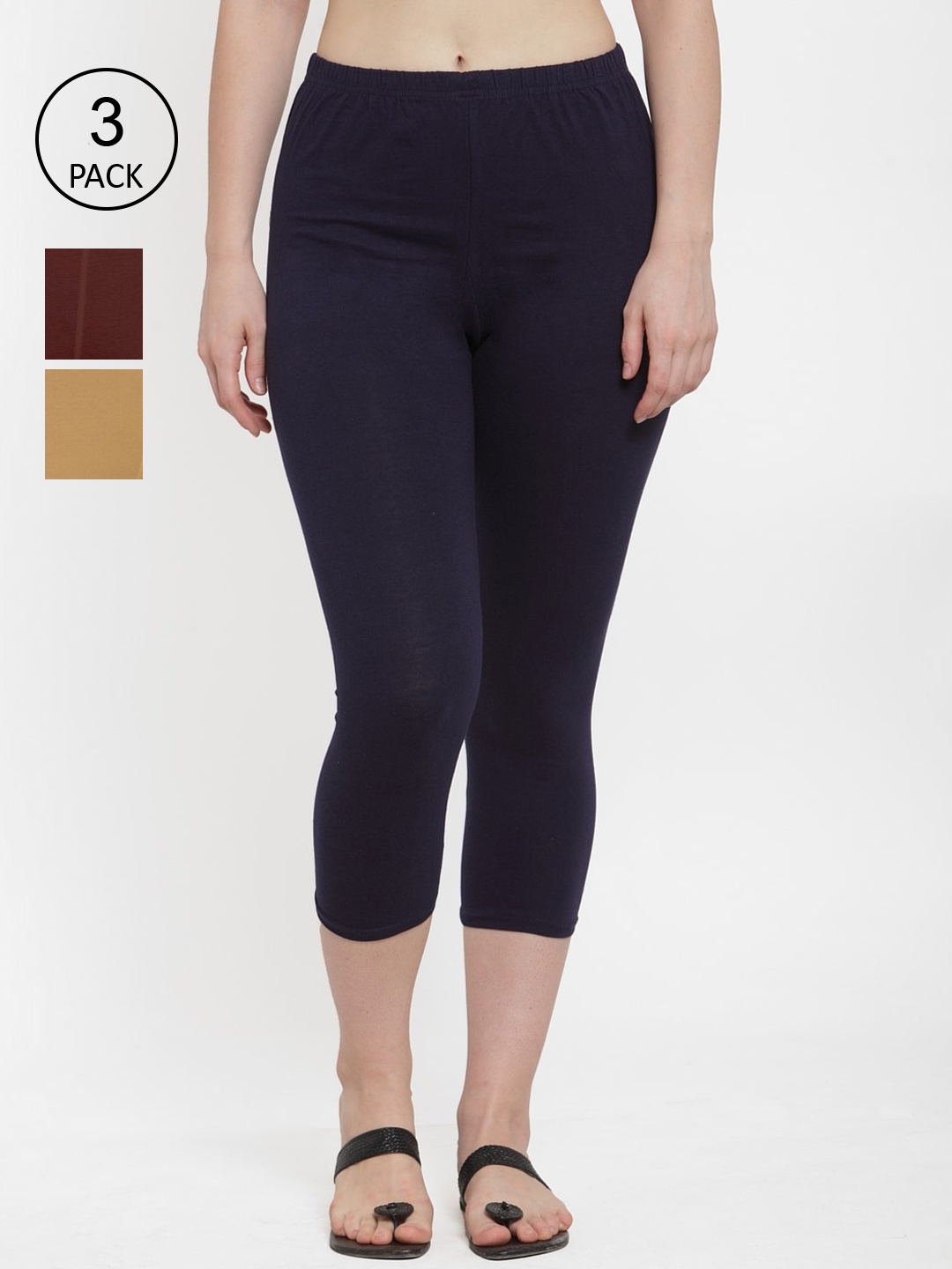 

GRACIT Women Pack of 3 Cotton Lycra Capris, Navy blue