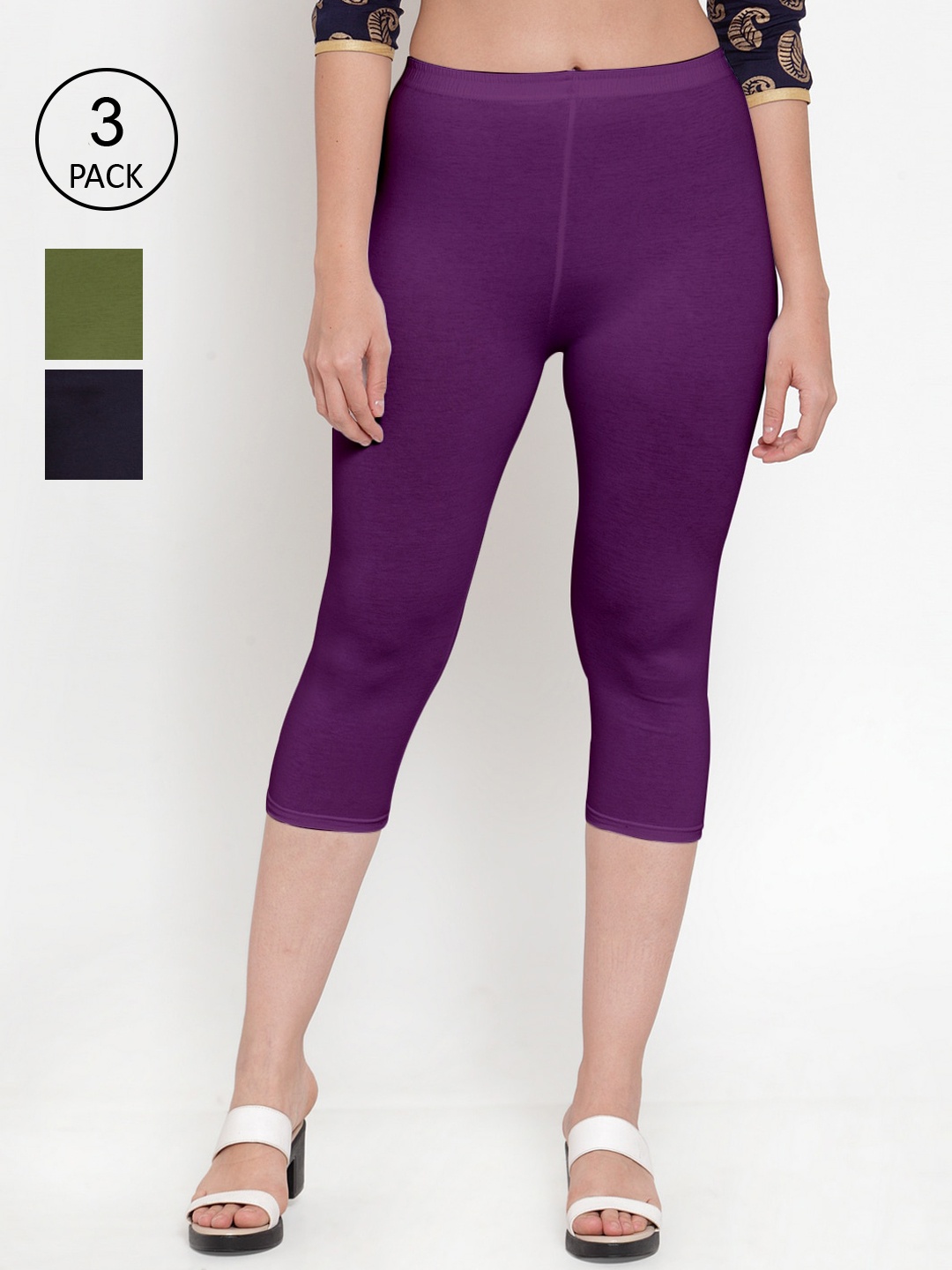 

GRACIT Women Pack of 3 Cotton Lycra Capris, Purple