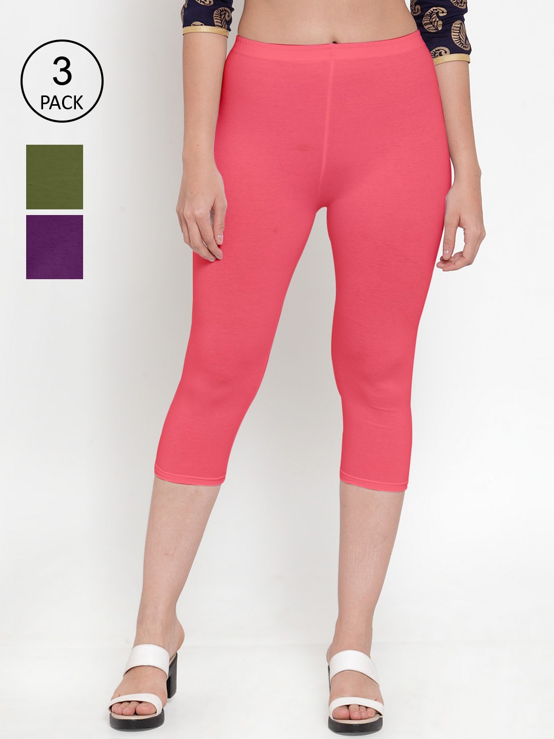 

GRACIT Women Pink & Purple Pack Of 3 Cotton Capris