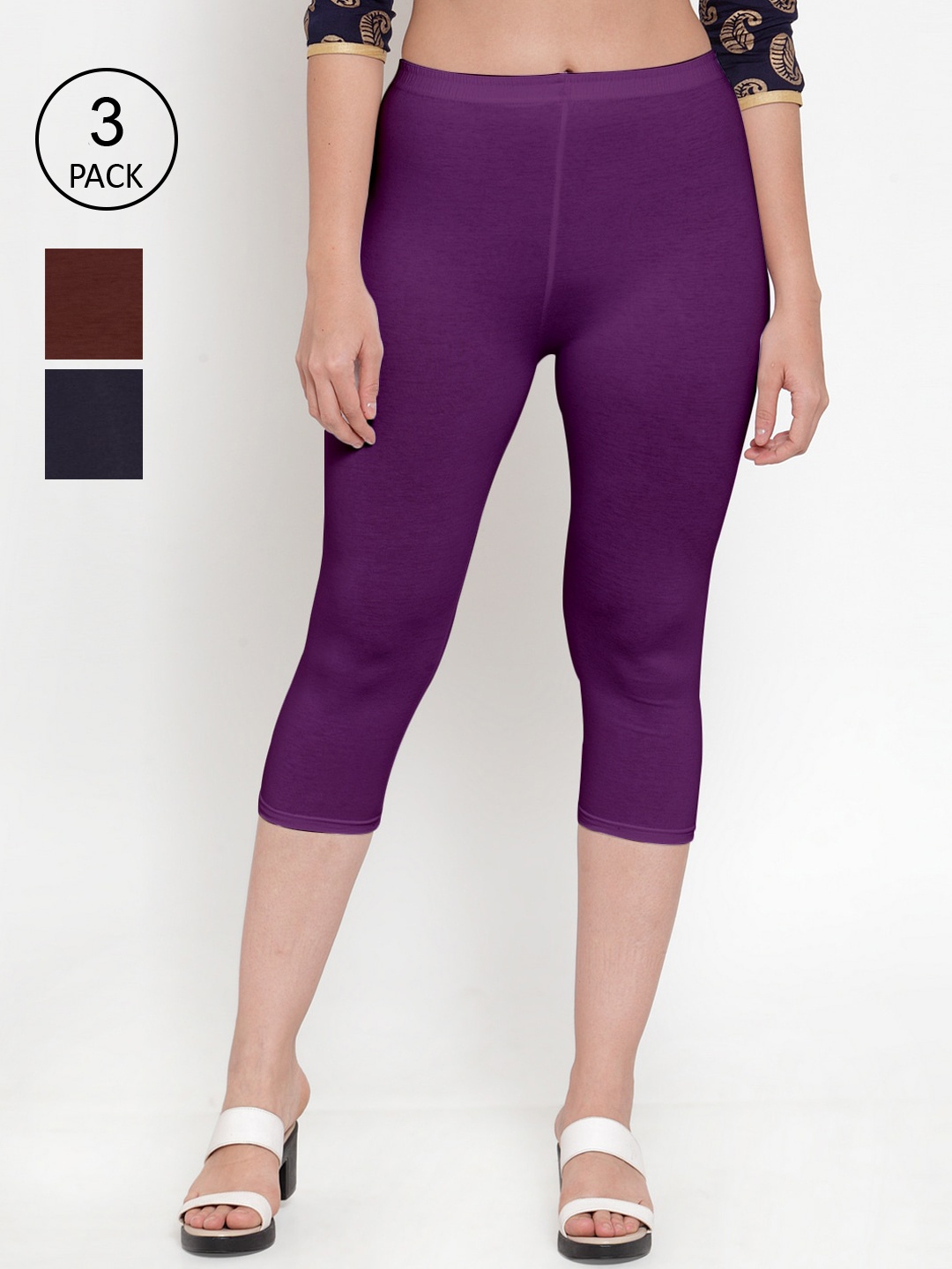 

GRACIT Women Purple & Brown Pack Of 3 Cotton Capris