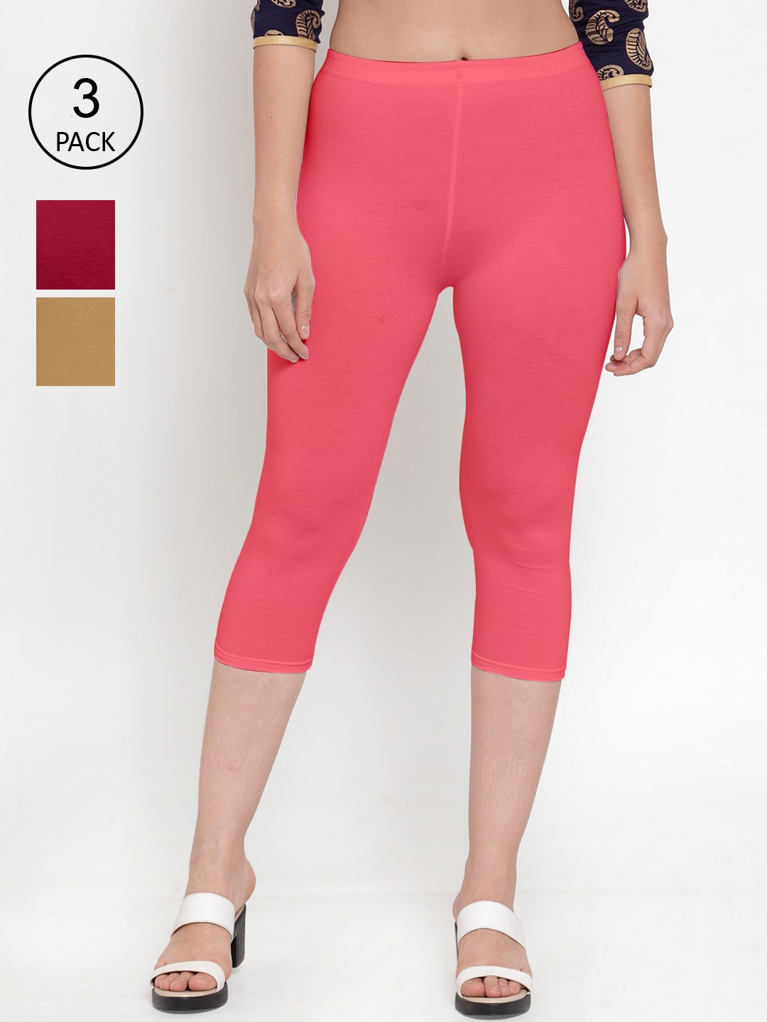 

GRACIT Women Maroon & Tan Pack Of 3 Cotton Capris
