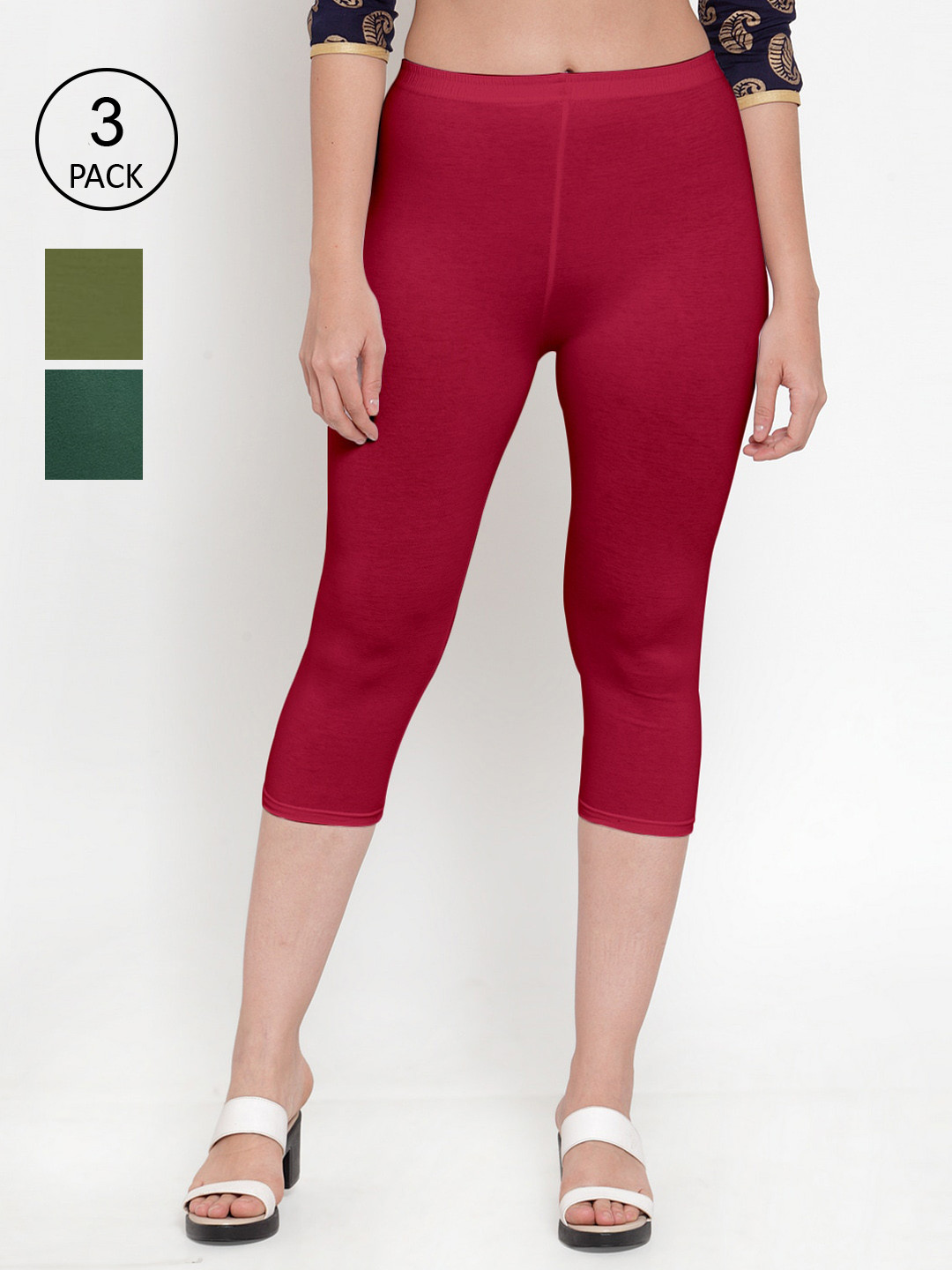 

GRACIT Women Green & Maroon Pack Of 3 Cotton Capris