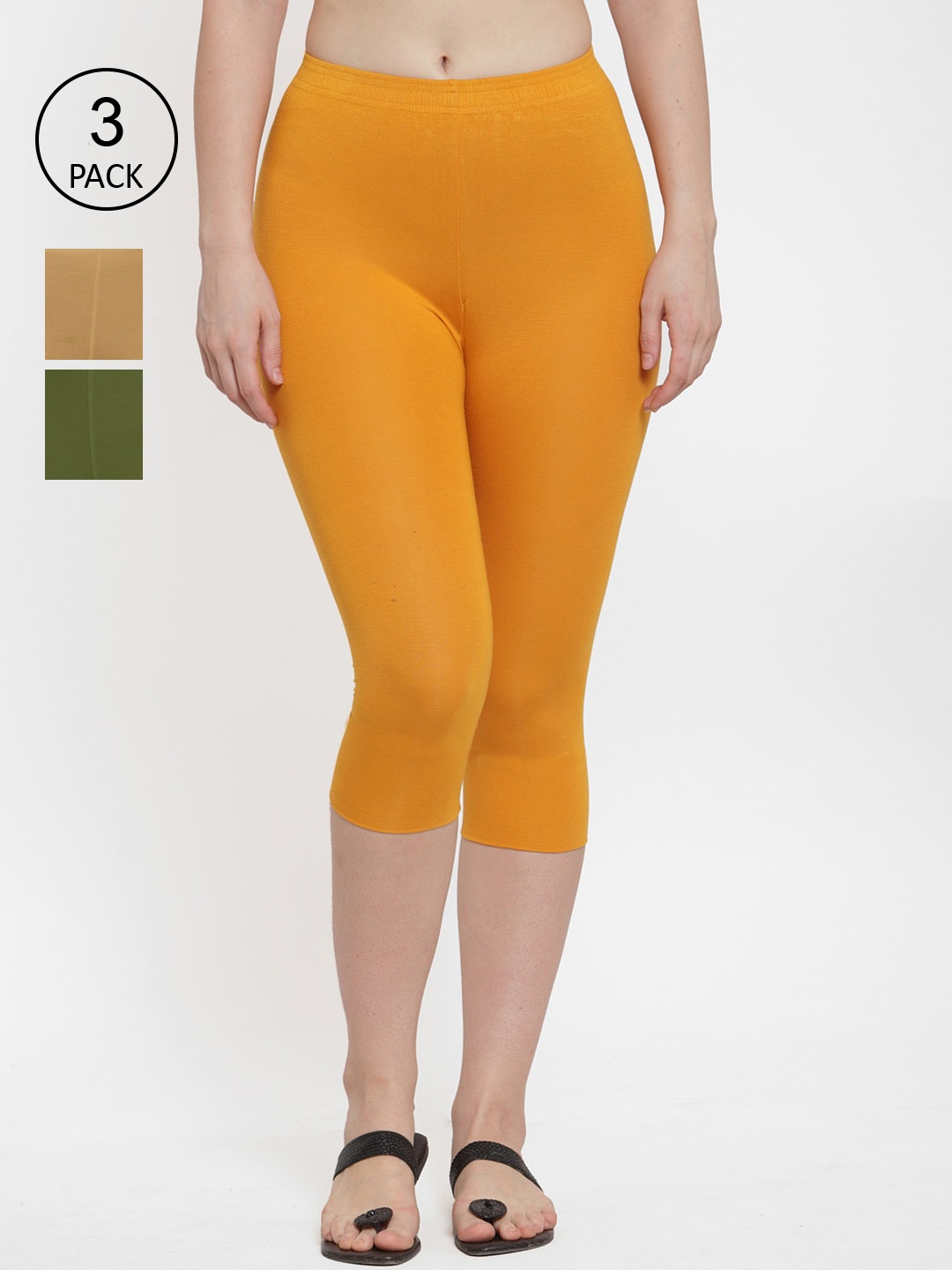 

GRACIT Women Yellow & Beige Pack of 3 Solid Cotton Capris