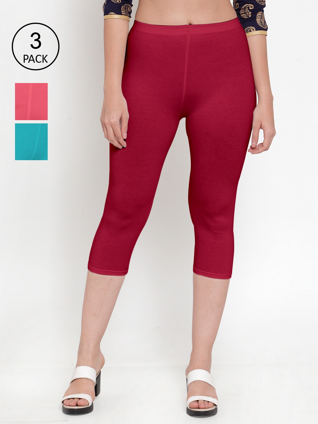 

GRACIT Women Maroon & Pink Pack Of 3 Cotton Capris