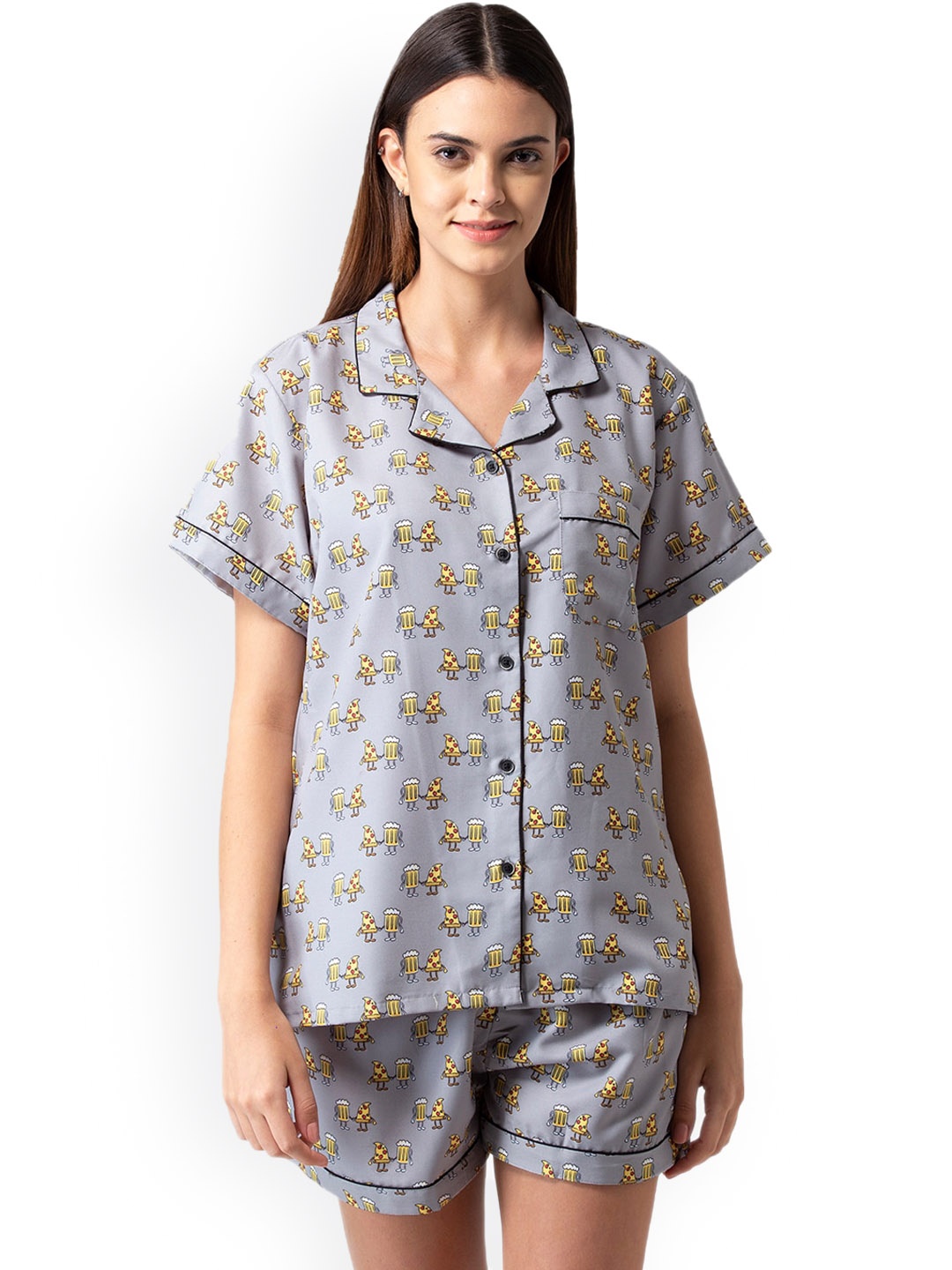 

Bellofox Women Grey & Yellow Printed Night suit