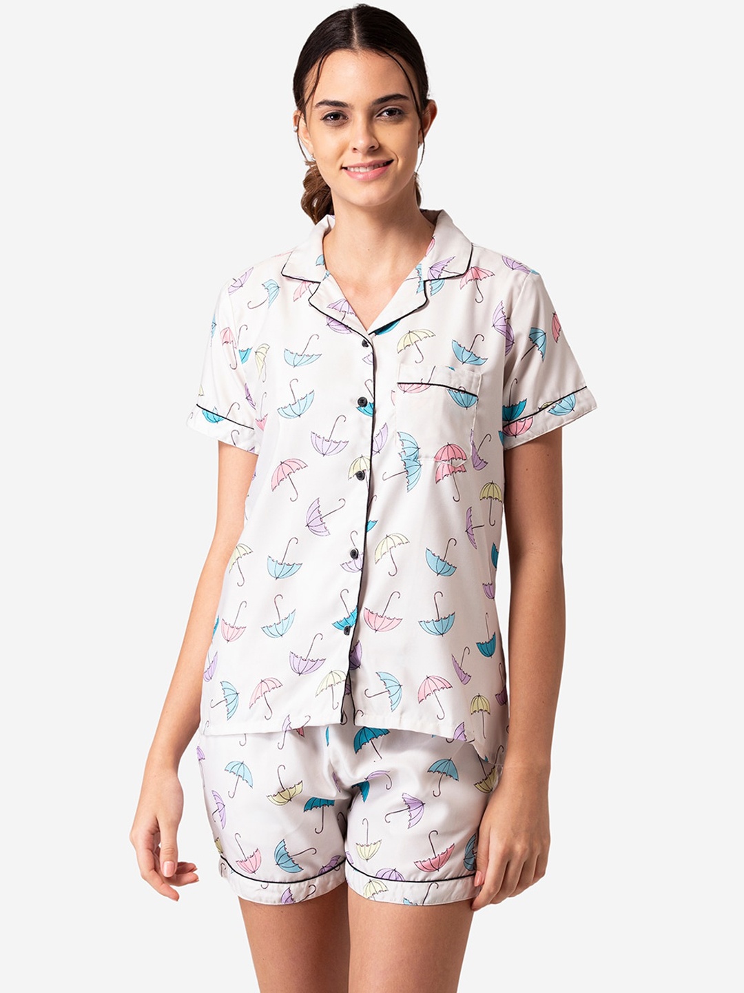

Bellofox Women Beige & Blue Printed Night suit