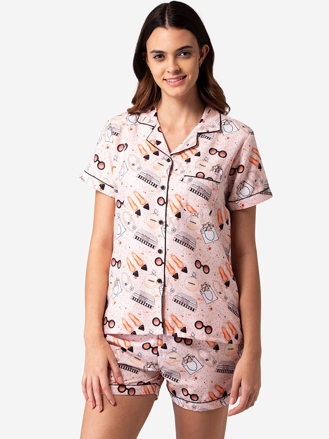 

Bellofox Women Beige & Black Printed Night suit
