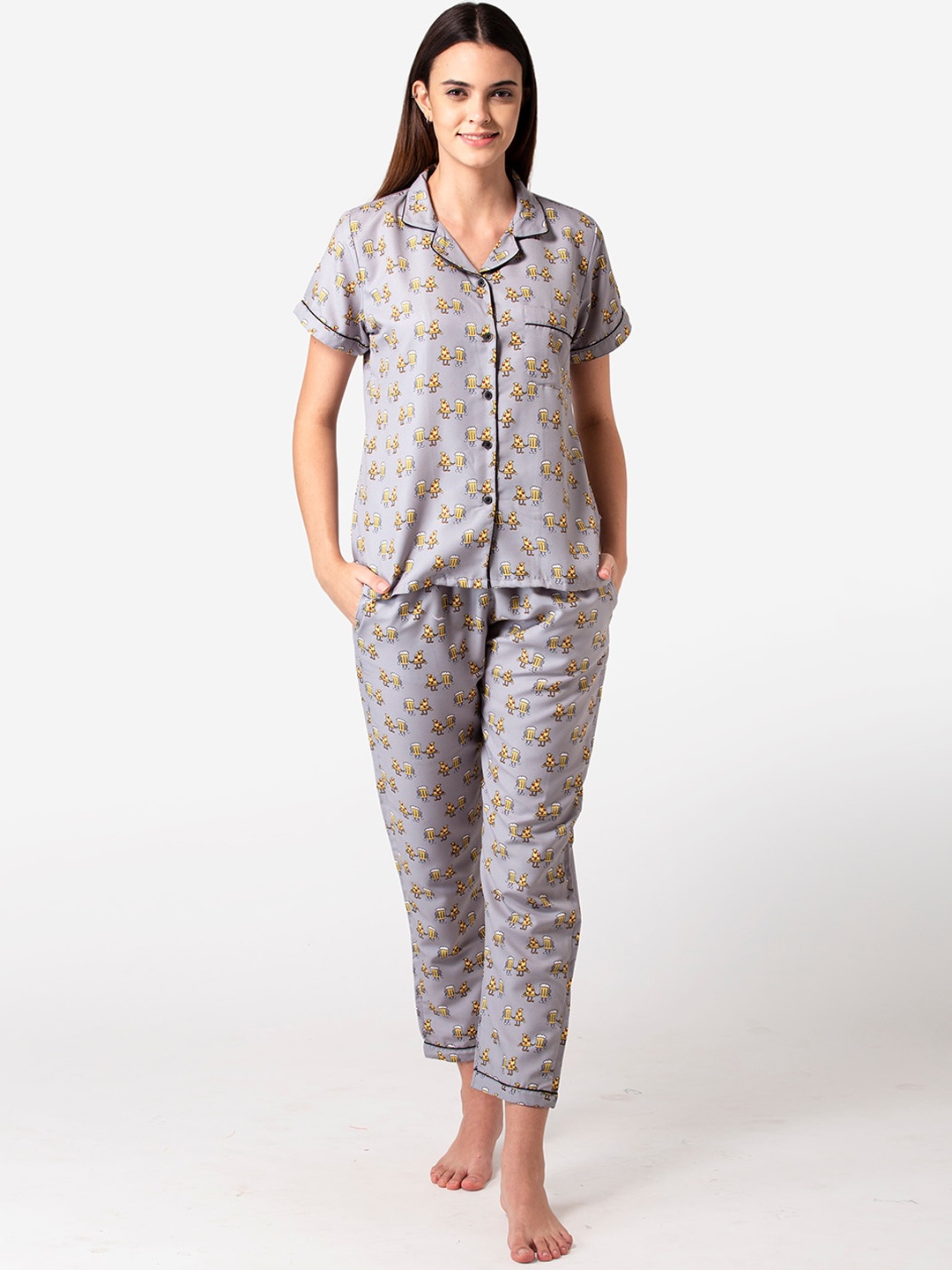 

Bellofox Women Grey & Yellow Printed Night Suit Set