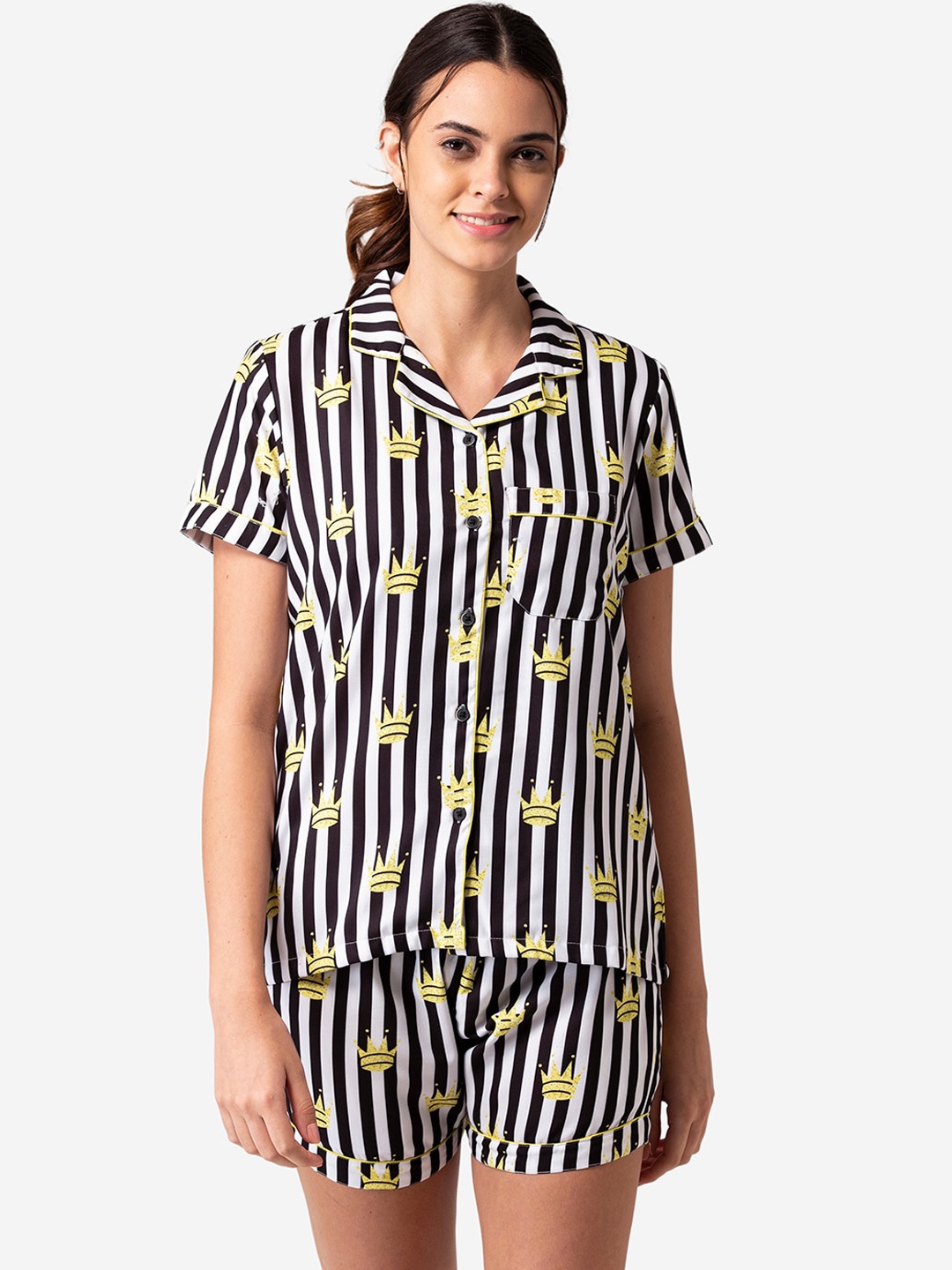 

Bellofox Women Black & White Striped Night Suit Set