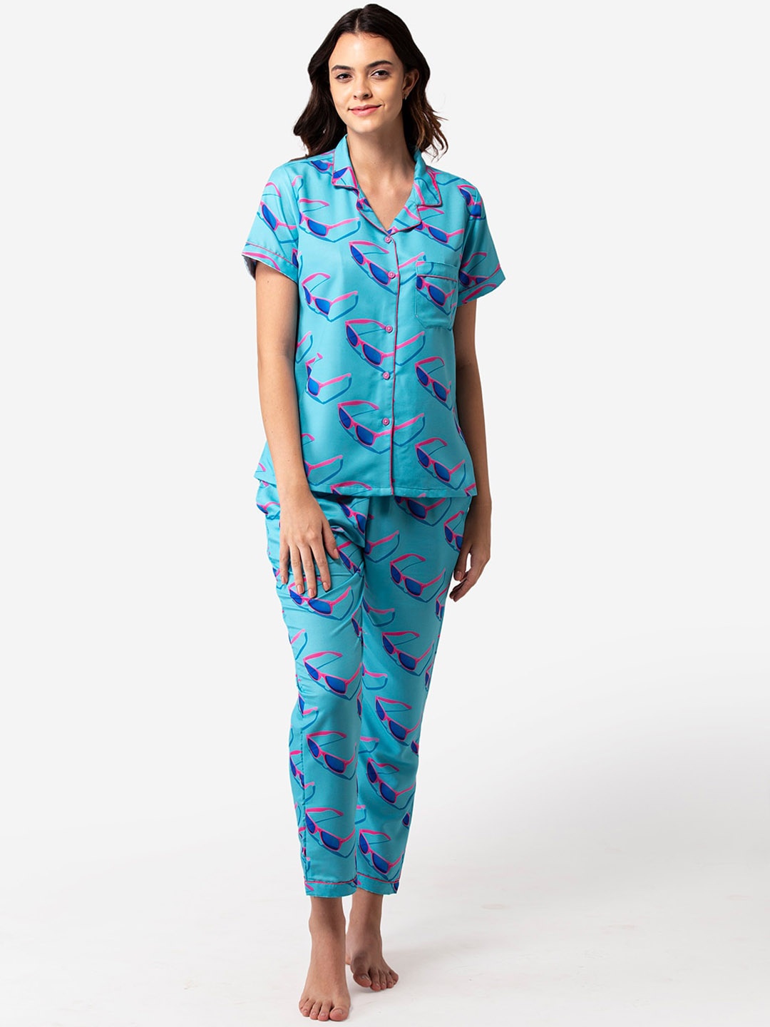 

Bellofox Women Blue & Pink Printed Night Suit Set