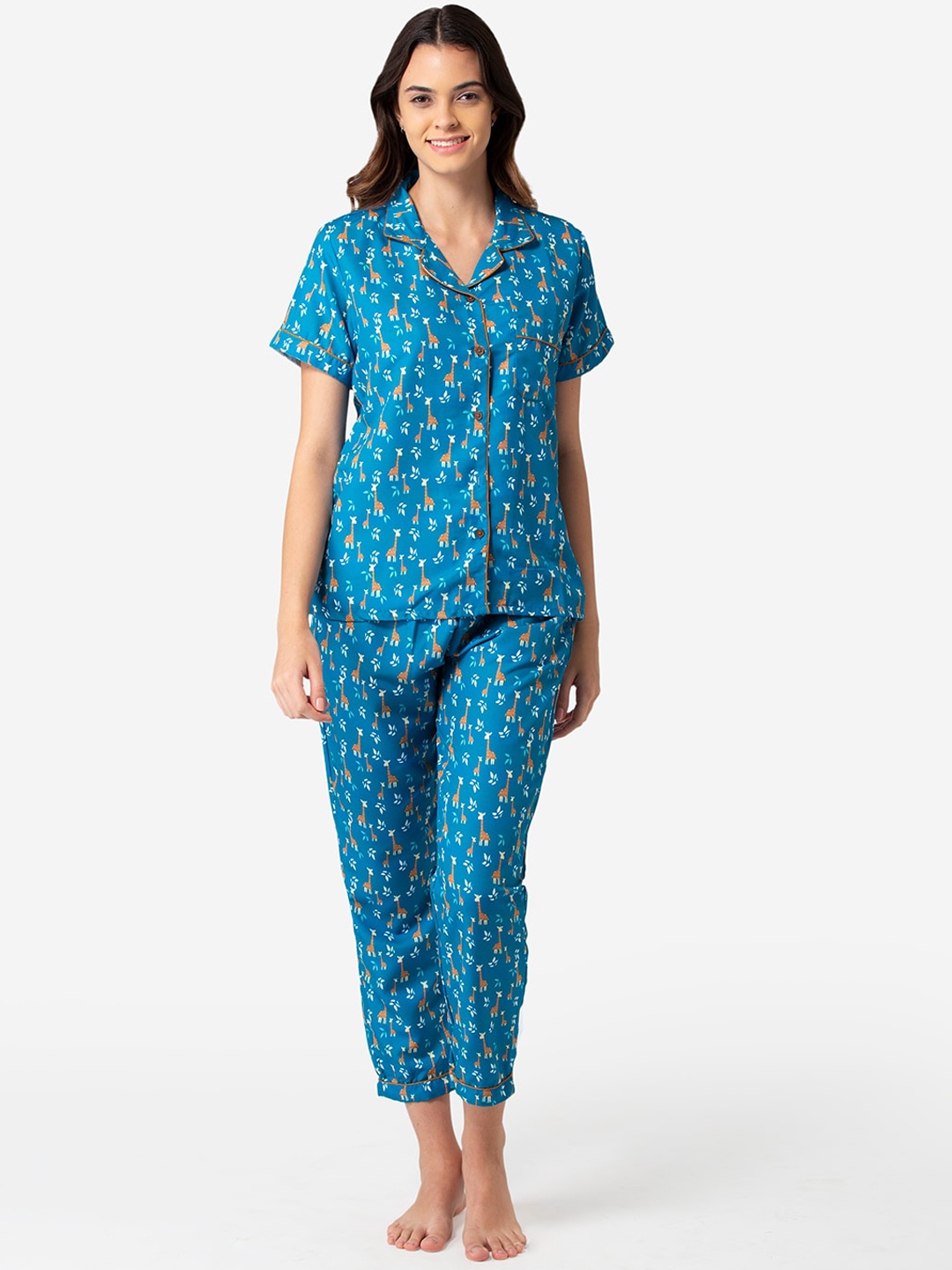 

Bellofox Women Teal & Brown Printed Night suit