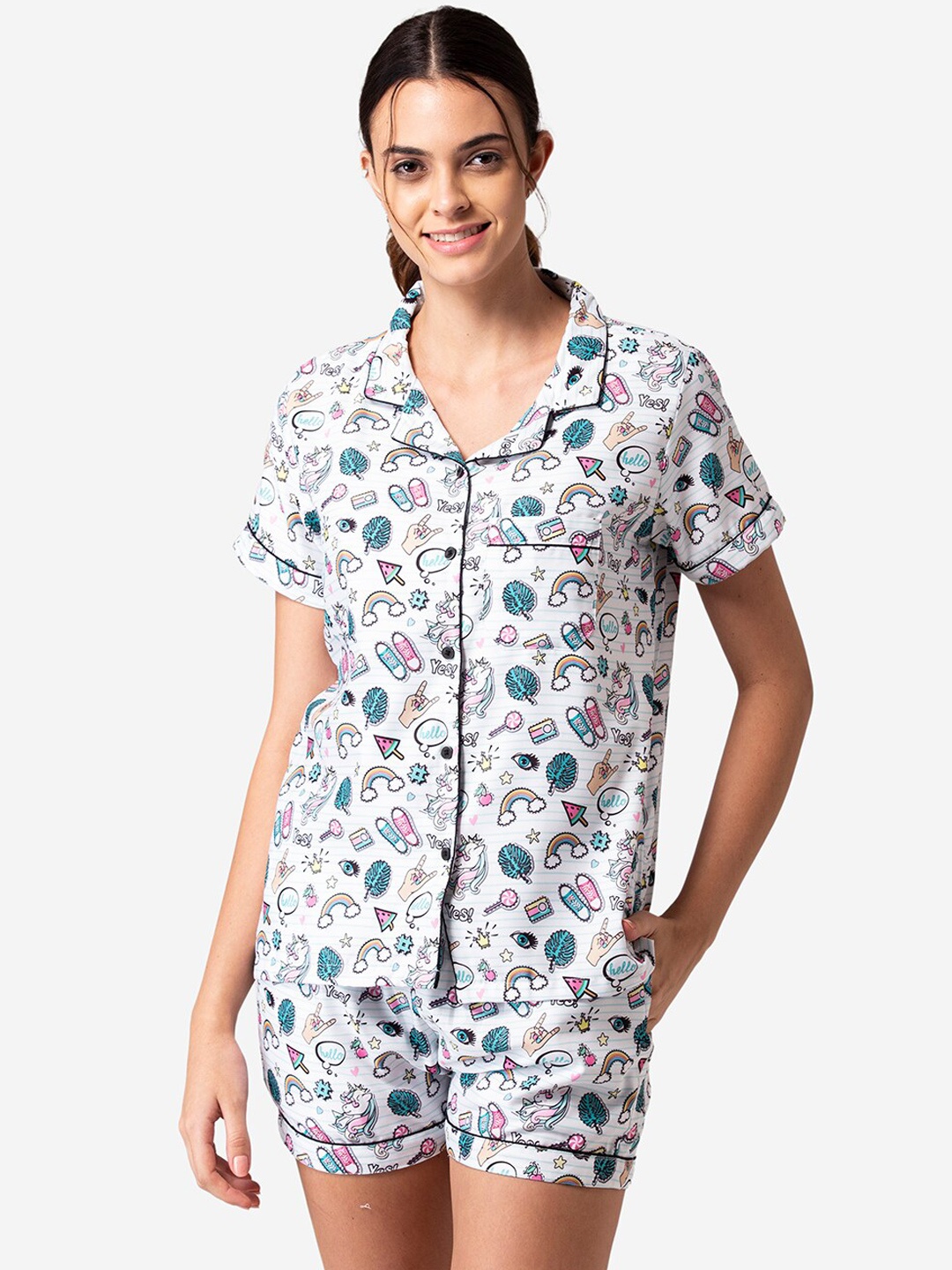 

Bellofox Women White & Pink Printed Night suit