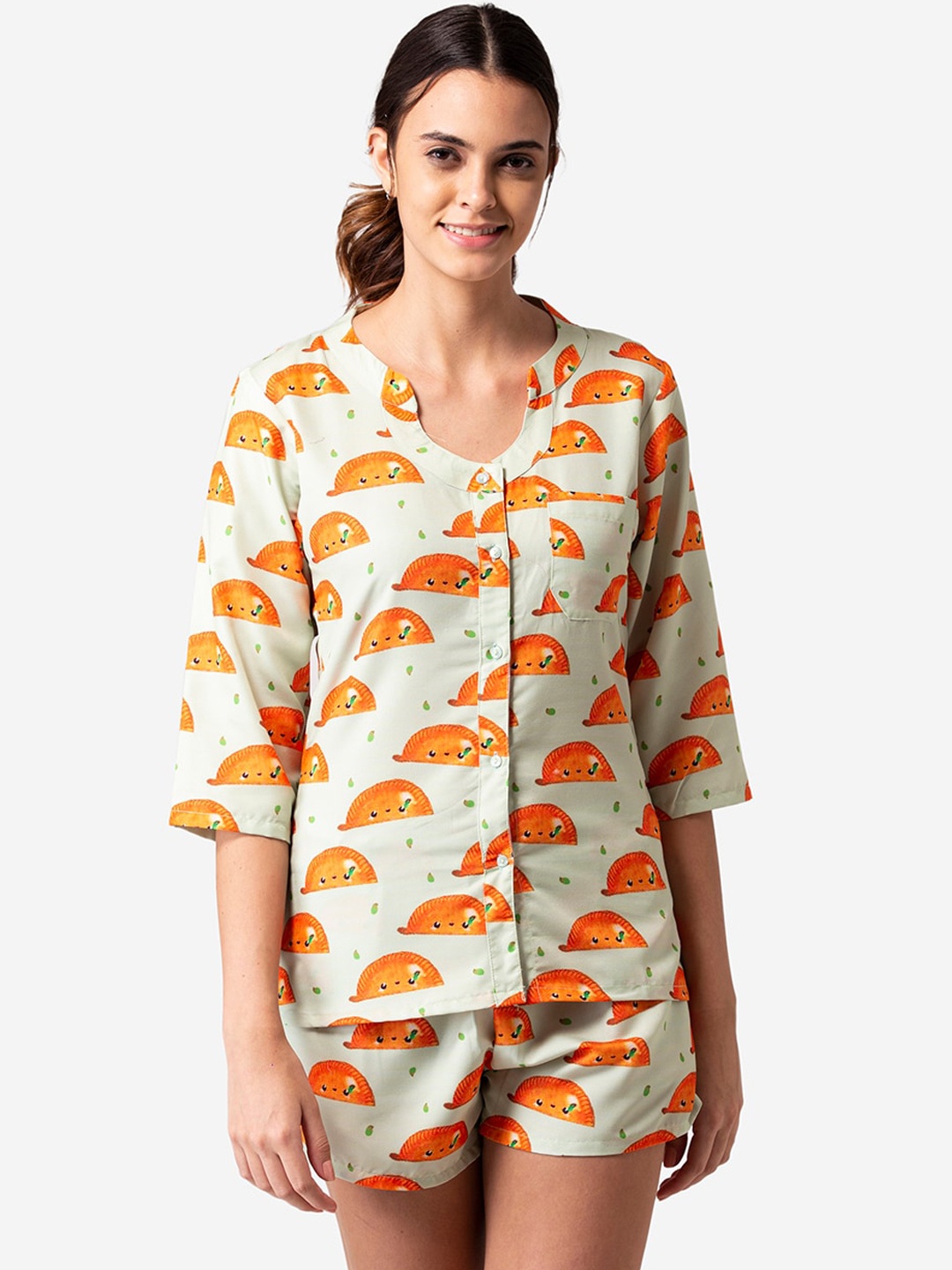 

Bellofox Women Light Green & Orange Printed Night suit