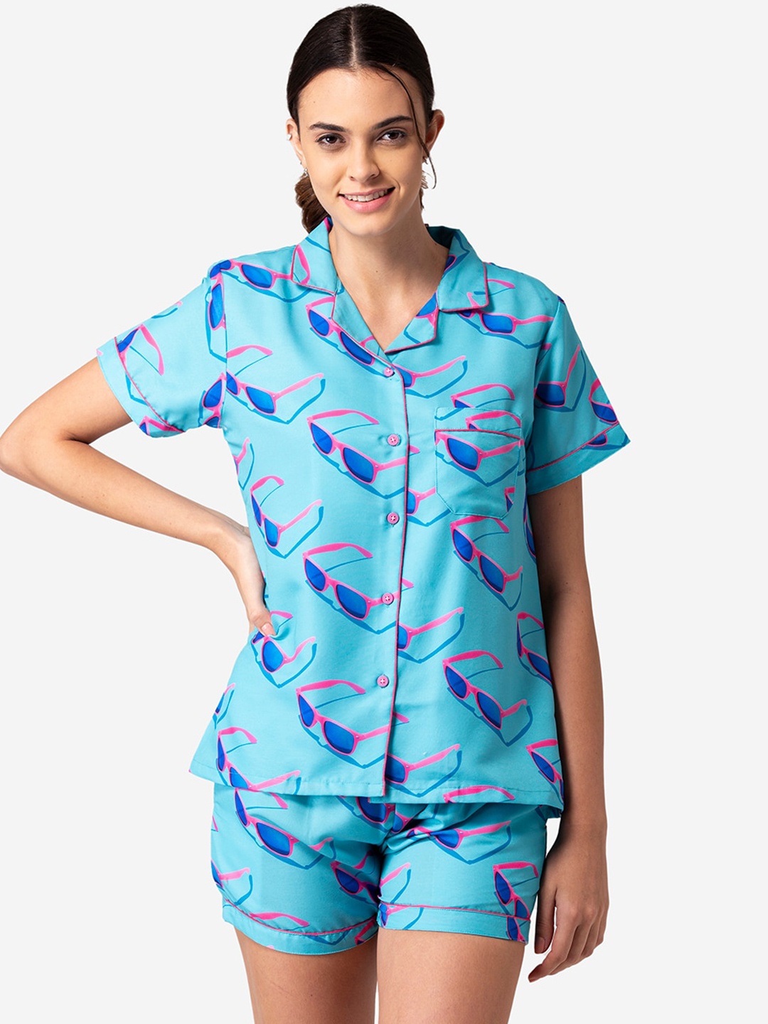 

Bellofox Women Blue & Pink Printed Night Suit