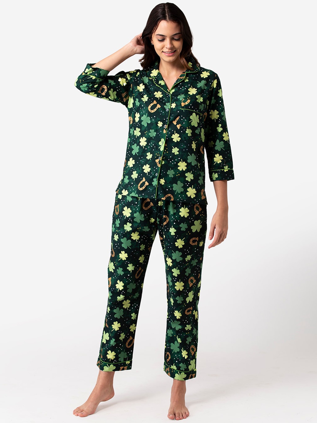 

Bellofox Women Green & Brown Printed Night Suit