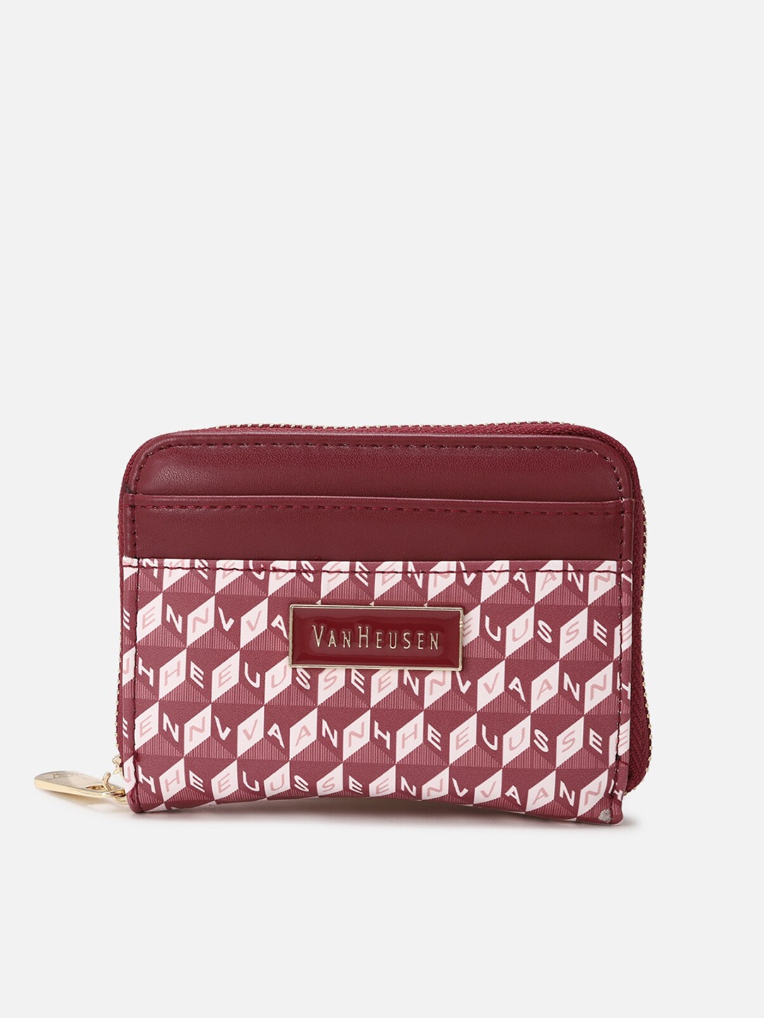 Van Heusen Typography Printed PU Zip Around Wallet, Maroon