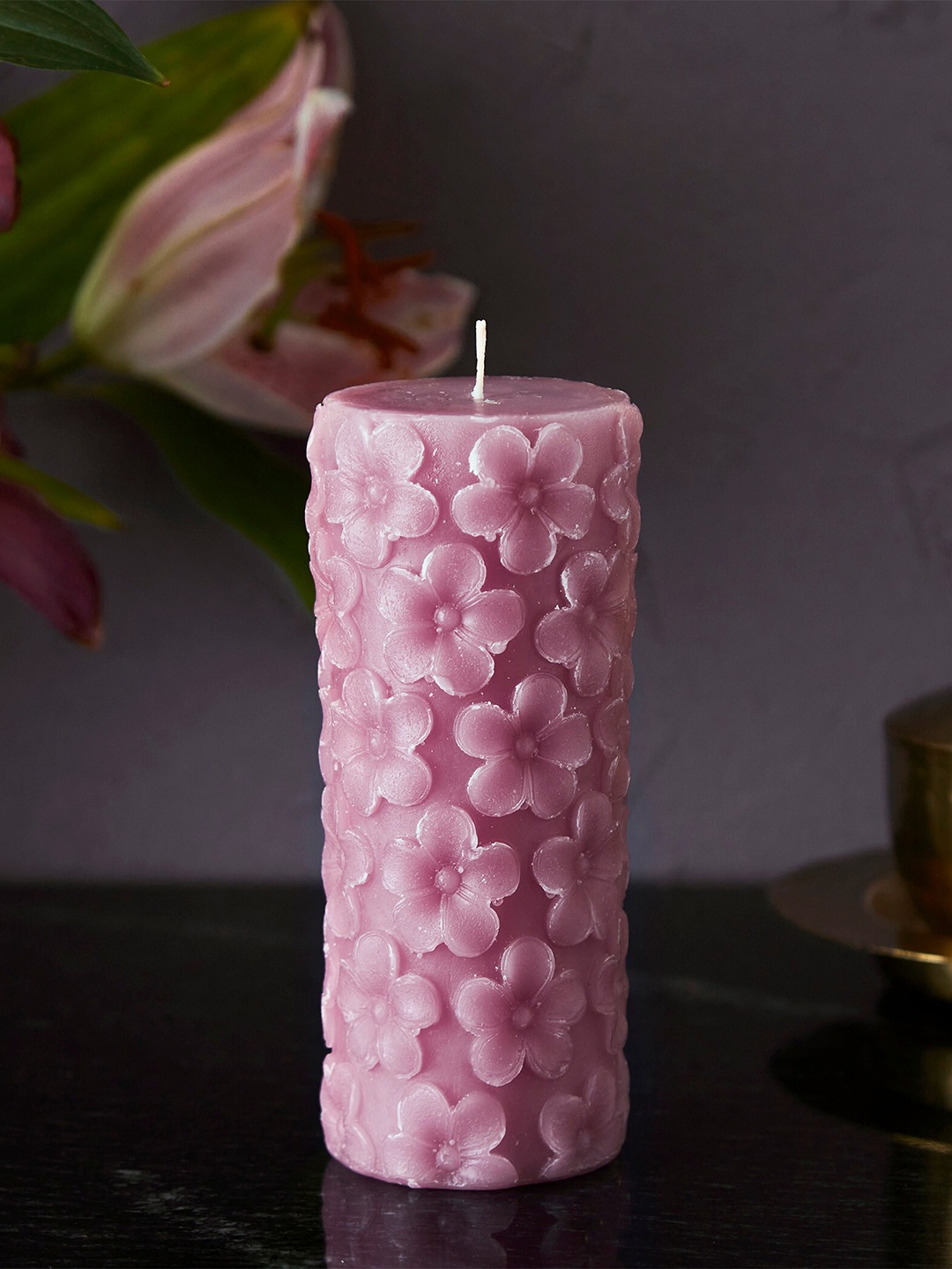 

Home Centre Purple Lavender Floral-Detailed Pillar Candle