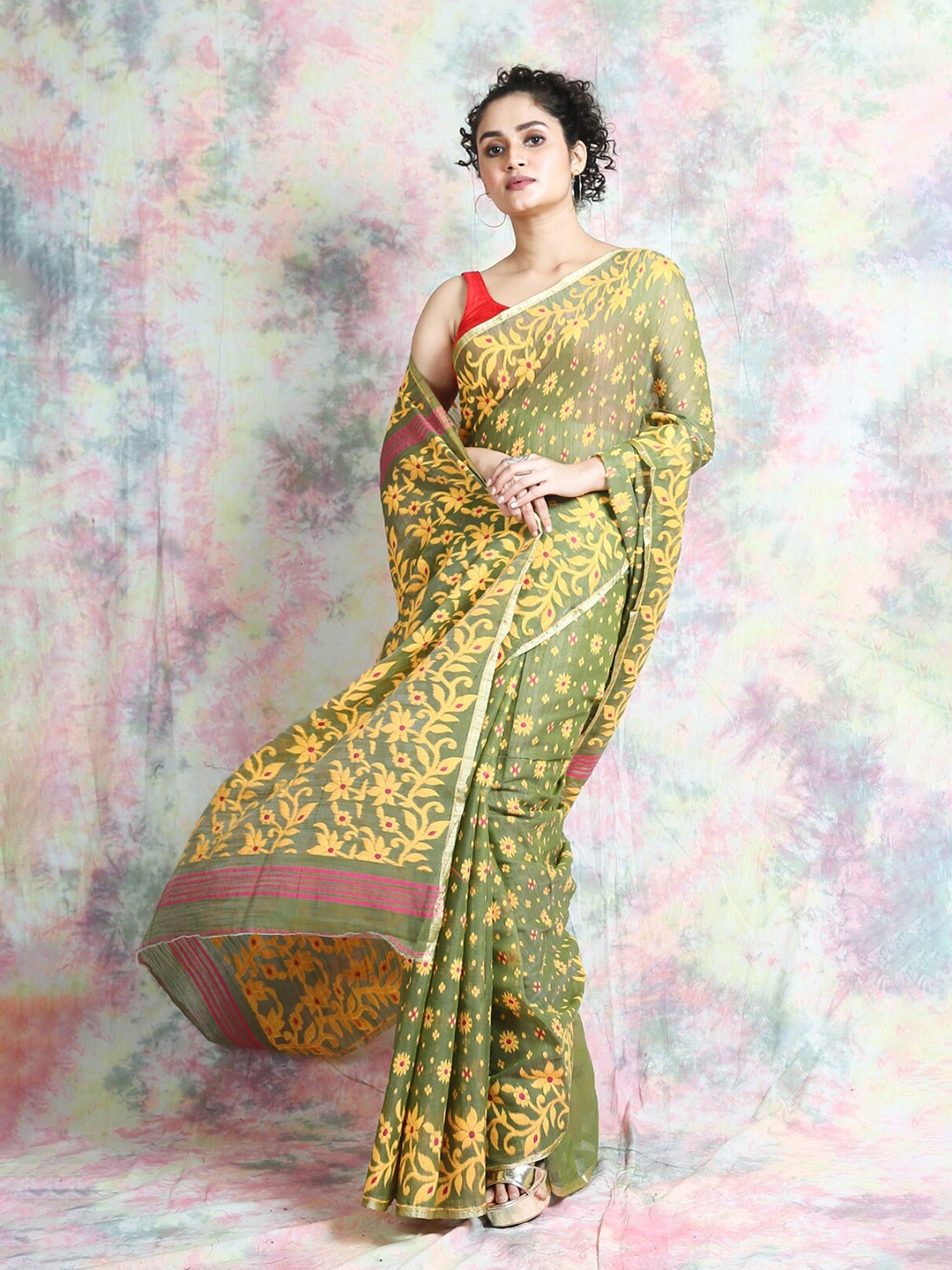 

Arhi Green & Yellow Floral Silk Cotton Jamdani Saree