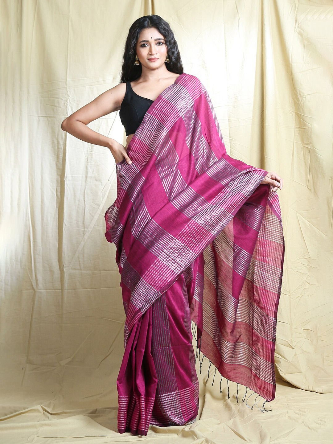 

Arhi Pink & Silver-Toned Striped Zari Saree