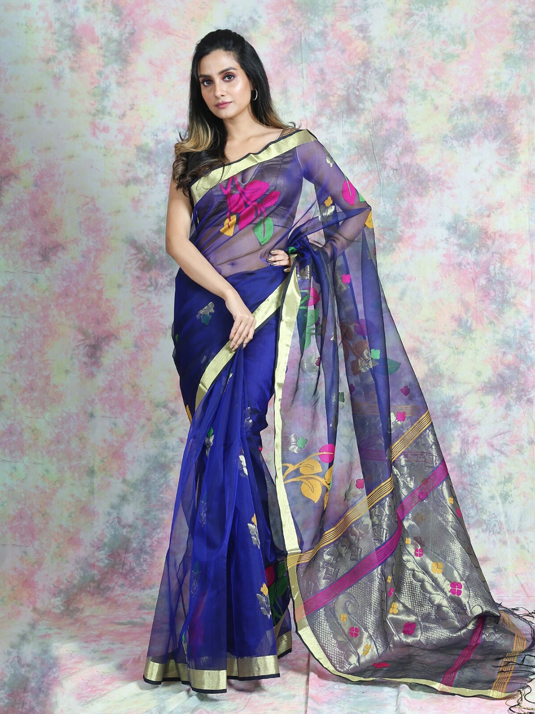 

Arhi Blue & Pink Floral Zari Pure Silk Saree