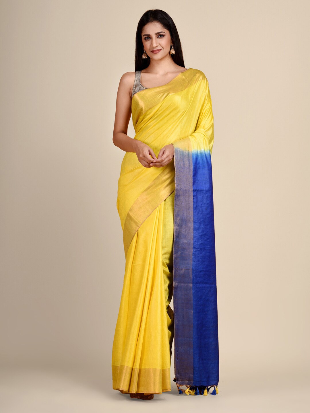

Arhi Yellow & Blue Solid Zari Saree