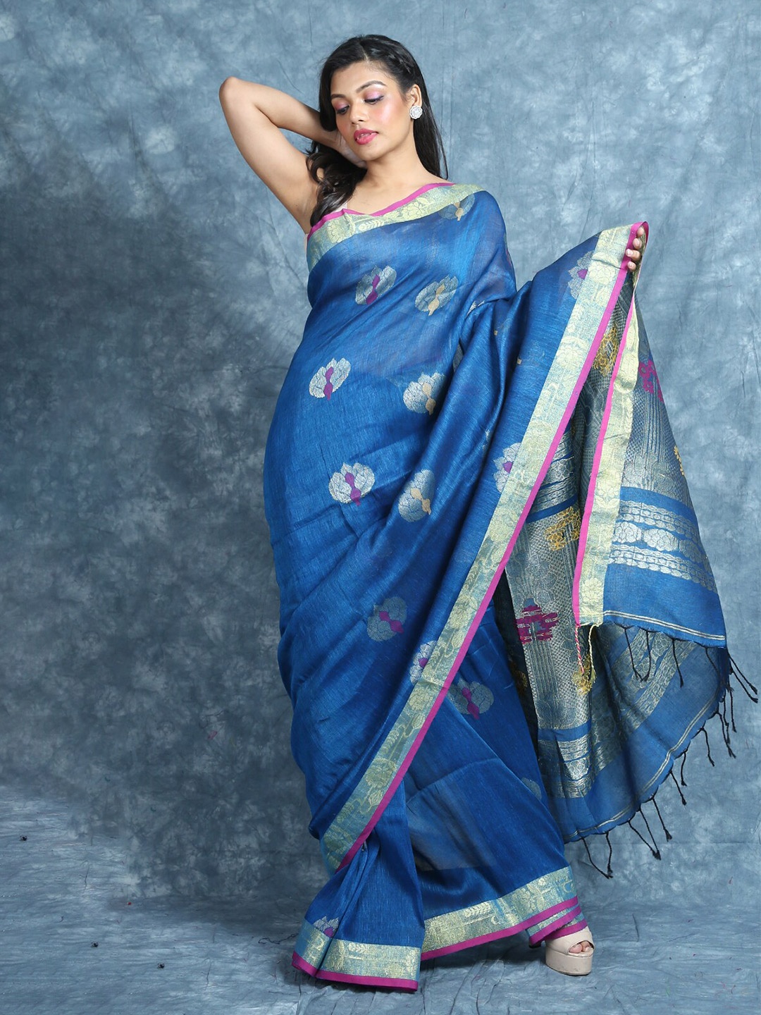 

Arhi Blue & Pink Ethnic Motifs Zari Pure Linen Saree